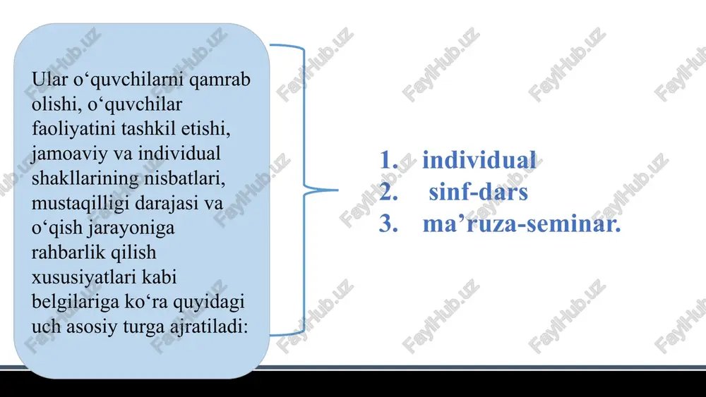 arini nazorat qilish darsining tuzilishi: a) tashkiliy qism; b) o‘rganilganlarni umumiy tarzda takrorlash (yodga tushirish); v) nazorat ishini o‘tkazish; g) uy vazifasi (o‘rganilganlarni qayta takrorlash maqsadida). laboratoriya darslarining tuzilishi: a) tashkiliy qism; b) nazariy materiallarni mustahkamlash; c) laboratoriya ishini o‘tkazish; g) o‘quvchilarni baholash; d) uy vazifasi. amaliy darslarning tuzilishi: a) tashkiliy qism; b) nazariy materiallarni mustahkamlash; v) amaliy ish topshiriqlarini bajarish; g) o‘quvchilarni baholash; d) uy vazifasi. darsga qo‘yiladigan talablar. didaktik tarbiyaviy rivojlantiruvchi o’qituvchining darsga tayyorlanishi tashxislash bashoratlash rejalashtirish loyihalashtirish ta’limni tashkil etishning yordamchi shakllari mustaqil uy ishlari ekskursiyalar fakultativ va tanlov bo’yicha kurslar maslahat (konsultatsiya – o’quv suhbati) fan to’garaklari e’tiboringiz uchun rahmat! image1.png image2.png image3.png image4.png image5.png image6.png image7.png image8.png