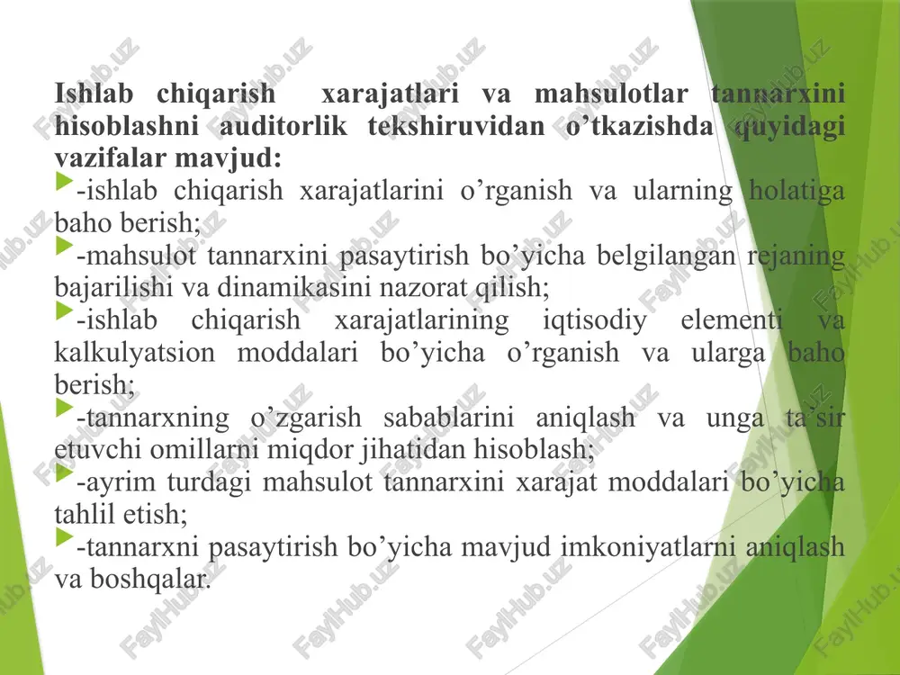 skirishi; ishlab chiqarish ahamiyatiga ega bo’lgan boshqa xarajatlar. tekshiruv jarayonida olingan ma’lumotlar asosida ishlab chiqarish xarajatlari auditi natijalarini umumlashtirish audit natijalarini baholash ishlari asosan quyidagilarni o’z ichiga oladi: - mahsulot tannarxi auditi bo’yicha ishchi hujjatlarni sharhlash va yakuniy ishchi hujjatlarni tayyorlash; - mahsulot tannarxini tekshirish jarayonida aniqlangan kamchiliklarning ahamiyatlilik darajasini baholash; - mahsulot tannarxini tekshirish bo’yicha auditorlik dalil - isbotlarning etarliligini baholash; - amal qilayotgan korxona printsipi bilan bog’lik omillarni baholash; - tekshiruv natijalari bo’yicha auditorning mijoz korxona rahbariyatiga taqdim qiladigan yozma axborotini tuzish; - auditorlik hisoboti va xulosasini tuzish. e’tiboringiz uchun rahmat!