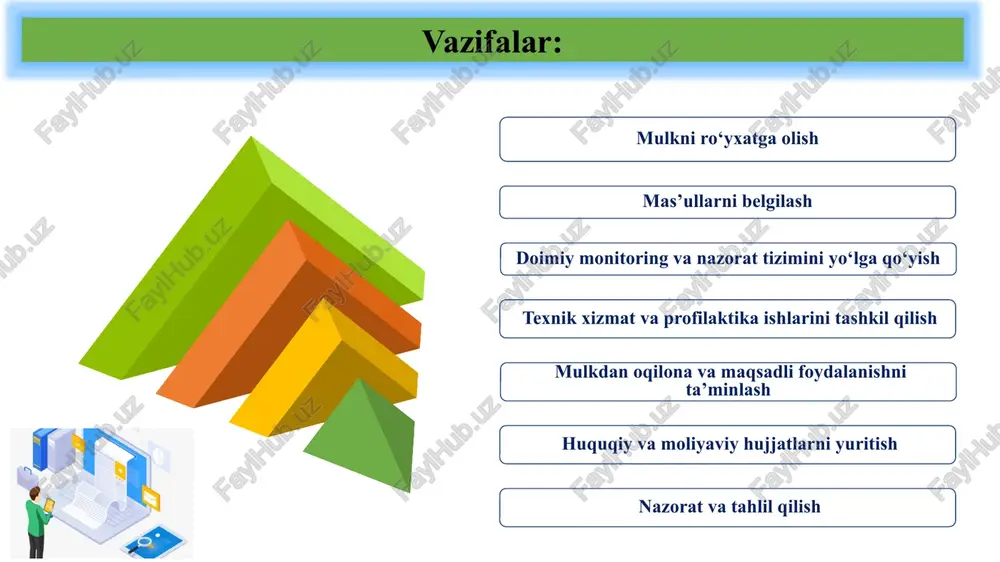i parvarishlashi va o‘quvchilar mulkka zarar yetkazsa, uni tiklashda ishtirok etishi kerak chora-tadbirlar rejasi: t/r muammo amalga oshirish mexanizmi mas’ullar muddat natija 1 umumta’lim maktablarida maktab mulki davlat mulki hisoblanadi va javobgarligi bor ekanligi maktab mulkini inventarizatsiyadan o‘tkazish. eskirgan, ishlamay qolgan yoki ortiqcha bo‘lgan mulkni aniqlab, hisobdan chiqarish va yangilash bo‘yicha tizimli ishlarni amalga oshirish maktab direktori. xibd o‘rinbosari. taftish komissiyasi a’zolari. lider pedagoglar har chorakda yoki kamida yarim yilda bir marta maktab mulki sifatli saqlanadi va samaradorligi ortadi. 2 davlat budjeti cheklanganligi budjetdan tashqari mablag‘lar hisobidan maktab mulkini boyitish choralarini ko‘rish. (homiyliklar, open budjet, xorijiy tillarni o‘qitish bo‘yicha eng yaxshi maktab, byudjetdan tashqari mablag‘lar kiritish 243 va 343 qarorlar asosida) maktab direktori. xibd o‘rinbosari. ota-onalar kengashi raislari, lider pedagoglar. doimiy maktabning moddiy texnik bazasi boyitiladi va buning natijasida ta’lim sifati ham yaxshilanadi. xulosa: bugungi kunda ta’lim muassasalarida mavjud mulk – bu moddiy-texnik baza, o‘quv vositalari, mehnat qurollari, kompyuter texnikasi, …