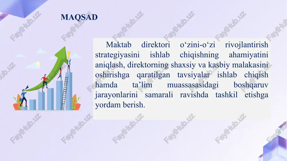 ammal reja ishlab chiqiladi. 4 maktab direktorining shaxsiy va kasbiy rivojlanishini baholash tiziminining mavjud emasligi o‘rgangan bilimlarni maktab boshqaruvida joriy etish. natijalarni tahlil qilish va zaruriy o‘zgartirishlar kiritish, o‘z-o‘zini baholash va doimiy tahlil maktab direktori yanvar, may oylarida amalga oshirilgan ishlar monitoringi olib boriladi, yutuqlar e’tirof etiladi va kamchiliklar bartaraf qilinadi. chora-tadbirlar rejasi maktab direktori o‘z-o‘zini rivojlantirish strategiyasini ishlab chiqishi – zamonaviy taʼlim talabidir. bu nafaqat rahbarning kasbiy salohiyatini oshiradi, balki butun jamoaning rivojlanishiga ijobiy ta’sir ko‘rsatadi. tizimli o‘z-o‘zini tahlil qilish, shaxsiy rivojlanish rejasini tuzish va doimiy o‘rganishga asoslangan yondashuv – samarali rahbarlikning asosiy omilidir. xulosa zamonaviy rahbarda xxi asr ko‘nikmalarini shakllantirish. shaxsiy va kasbiy kompetensiyalarni baholash, swot tahlil. smart usulidan foydalanib strategik reja tuzish maktab direktorining o‘z-o‘zini shaxsiy va kasbiy rivojlanishini baholash tavsiyalar e’tiboringiz uchun rahmat! image3.png image8.png image9.jpeg image10.jpeg image11.jpeg image12.png image13.png image14.png image15.png image16.png image17.png image18.png image19.png image20.png image22.jpeg image23.jpg image21.png image24.png image25.png image26.png image27.png image28.jpeg image29.png …
