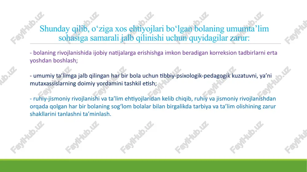 lat tashkilotlar (nnt): nogironligi bo‘lgan bolalarni qo‘llab-quvvatlovchi dasturlarni moliyalashtirish va inklyuziv ta’lim bo‘yicha treninglarni tashkil qilish. xalqaro tashkilotlar: grantlar, texnik yordam va ilg‘or tajribalarni taqdim etish. 5. maktab jamoasi ichidagi hamkorlik o‘qituvchilar va yordamchi xodimlar: o‘quvchilarning ehtiyojlarini tushunish va ularni ta’minlash uchun birgalikda ishlash. rahbariyat va pedagoglar: ta’lim jarayonini boshqarish va nazorat qilishda yagona strategiyani amalga oshirish. sinfdoshlar va o‘quvchilar o‘rtasida hamkorlik: ijtimoiy integratsiya uchun guruhli loyihalar va tadbirlarni tashkil qilish. 6. ta’lim resurslari va texnologiyalarni rivojlantirish elektron ta’lim resurslari: nogironligi bo‘lgan o‘quvchilar uchun moslashtirilgan dasturlarni ishlab chiqish. qo‘llab-quvvatlovchi texnologiyalar: braille yozuvlari, ovozli dasturlar, videodarslar va boshqa resurslarni taqdim etish. 7. monitoring va baholash tizimi hamkorlik samaradorligini tahlil qilish: har bir ishtirokchi tomonidan bajarilgan ishlarning natijalarini kuzatish. yangi yondashuvlarni ishlab chiqish: monitoring natijalariga ko‘ra hamkorlik mexanizmlarini takomillashtirish. ushbu hamkorlik mexanizmlari umumiy o‘rta ta’lim maktablarida inklyuziv ta’limni joriy etishda uzviy tizim yaratishga xizmat qiladi va bolalarning teng ta’lim olish huquqlarini ta’minlashga …