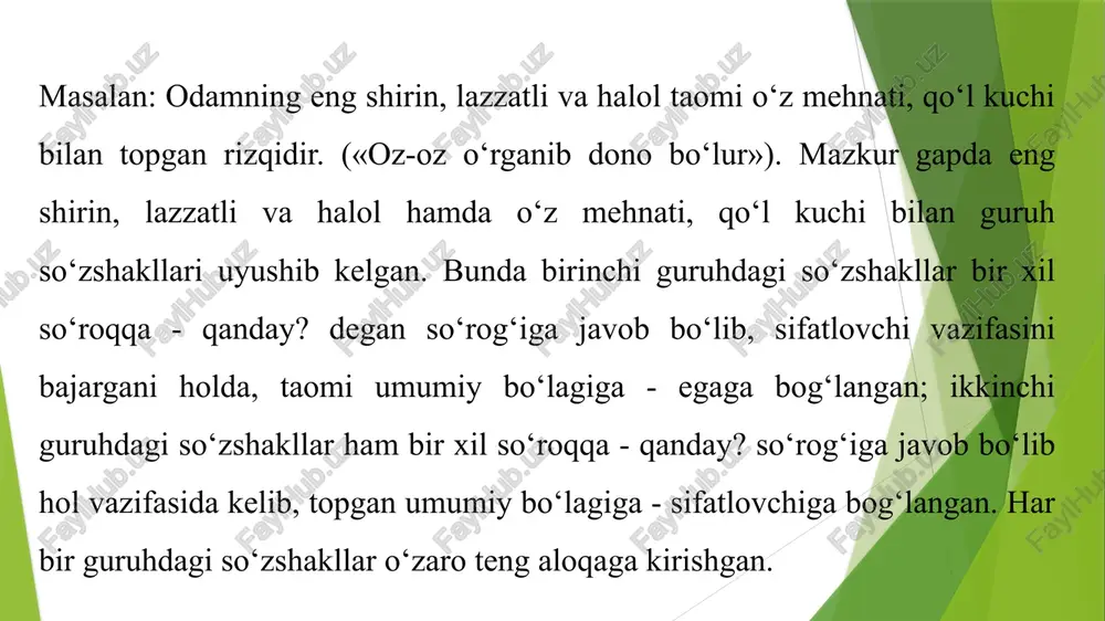 lidan na uyidan sado chiqdi (i.rahim). va bog‘lovchisi vazifasida -u (-yu), -da, na ... na yuklamalari ham qo‘llanishi mumkin. keyin chakmonning ikki engini xurjunga o‘xshatib elkasiga tashladi-da, orqaga qaytdi. (p.qodirov). yigit qora qushlarni ko‘rdi-yu, birdan sergaklandi. (p.qodirov). va biriktiruv bog‘lovchisi vazifasini bilan ko‘makchisi ham bajarishi mumkin: deraza bilan doska orasida qo‘lini orqasiga qilib yurib, lektsiya o‘qiyotgan surrang kostyumli barvasta kishi to‘xtadi. (p.qodirov). bilan yordamchisi, va bog‘lovchisi singari, juft - juft qo‘llangan uyushuvchilarda har bir juft o‘rtasida keladi: to‘g‘rilik bilan xiyonat, yolg‘ onchilik bilan diyonat chiqisha olmaydi. («oz - oz o‘rganib dono bo‘lur»). 2.zidlovchilar (lekin, ammo, biroq): tolibjon bolalarning beg‘ubor, ammo almoyi - aljoyi gaplaridan zavqlanib jimgina borardi. (s. ahmad). usta qambar o‘g‘lini urmadi, so‘kmadi, lekin bir - ikki oy u bilan gaplashmadi. (p.qodirov). zidlov bog‘lovchilar vazifasida -u, (-yu) yuklamasi ham qo‘llanishi mumkin. masalan: o‘ttiz yildan beri shu qishloqda uy quribman-u, ... shu buloq ... oyko‘lni oyko‘l qilib turgan shu suv …