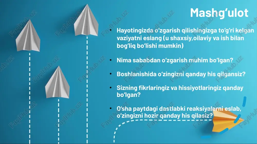 ashgan dunyoda muvaffaqiyatga erishishlarii uchun zarur bo'lgan ko'nikma va bilimlar haqida fikr yuriting. 2. raqamlashtirish o'quv dasturining texnologiyalarga asoslangan zamonda ham dolzarb bo'lib qolishiga ishonch hosil qiling. 3. geo-siyosat joriy geosiyosiy dinamikaning ta’limning ustuvor yo‘nalishlari va moliyalashtirilishiga qanday ta'sir qilishini baholang. 15 4.milliy o‘quv dasturi muvofiqlikni ta’minlash va boshqaruv organlari tomonidan qo‘llab-quvvatlanishga erishish uchun o‘quv dasturlari islohotlarini milliy o‘quv dasturlariga moslashtiring. 5.siyosat islohotlarni joriy siyosiy ustuvor yo‘nalishlarga muvofiqlashtirish orqali qo'llab-quvvatlashlarga erishing. 6.madaniyat islohotlarning jamiyat tomonidan qo‘llab-quvvatlanadigan madaniy ahamiyatga ega bo‘lishiga ishonch hosil qiling. 7. mazmun maktabingizning ijtimoiy-iqtisodiy muhiti va uning o‘quv dasturlarini isloh qilishga ta’siri va muvofiqligini inobatga oling. 8.student profile o'quv dasturlarini isloh qilishda o'quvchilaringizning turli ehtiyojlari, kelib chiqishi va o'rganish uslublarini tushuning va ularni inobatga oling. inklyuzivlikka va yaxshiroq natijalarga erishish uchun islohotlaringizni moslashtiring. 9. o'qituvchilar demografiyasi maktabingizdagi o‘qituvchilarning demografik ko‘rsatkichlarining, jumladan, yoshi, tajribasi va xilma-xilligining o‘quv dasturlarini isloh qilish va joriy etilishiga ta’sirini inobatga oling. 17 10. …