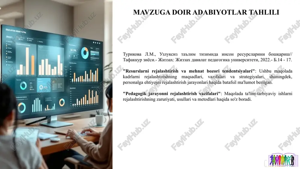 dagoglar uchun infratuzilmani boshqarish, ta’lim jarayonini innovatsion texnologiyalar asosida raqamlashtirish mavzulari bo’yicha o’quv kurslari mavjud emas. o'qituvchilar malakasini oshirish: janubiy koreya ta'lim vazirligi va koica bilan hamkorlikda o'qituvchilar uchun malaka oshirish kurslari tashkil etiladi. bu kurslarda infratuzilmani boshqarish, ta'lim jarayonini innovatsion texnologiyalar yordamida raqamlashtirish kabi mavzular bo'yicha treninglar o'tkaziladi. infratuzilmani boshqarish va ta`lim jarayonida innovatsion texnologiyalar, raqamlashtirish tizimini o`rgatuvchi o`quv kurslari tashkil etish. 8 xulosa maktabda resurslarni aniqlash, rejalashtirish va ularni maqsadli yo‘naltirish — ta'lim sifatini oshirish, o‘quvchilarning salohiyatini to‘liq ro‘yobga chiqarish va zamonaviy ta'lim talablariga javob beruvchi muhitni shakllantirishda muhim omildir. resurslar deganda moddiy-texnik baza, moliyaviy manbalar, inson resurslari (o‘qituvchilar, yordamchi xodimlar), shuningdek, axborot va metodik ta'minot tushuniladi. resurslarni aniqlash jarayonida maktabning mavjud imkoniyatlari, ehtiyojlari va ustuvor yo‘nalishlari chuqur tahlil qilinadi. rejalashtirish bosqichi esa ushbu tahlillar asosida aniq strategiyalar ishlab chiqilishi, resurslardan unumli foydalanish mexanizmlarini yaratishni o‘z ichiga oladi. maqsadli yo‘naltirish esa rejalashtirilgan resurslarning har bir yo‘nalishda to‘g‘ri taqsimlanishi …