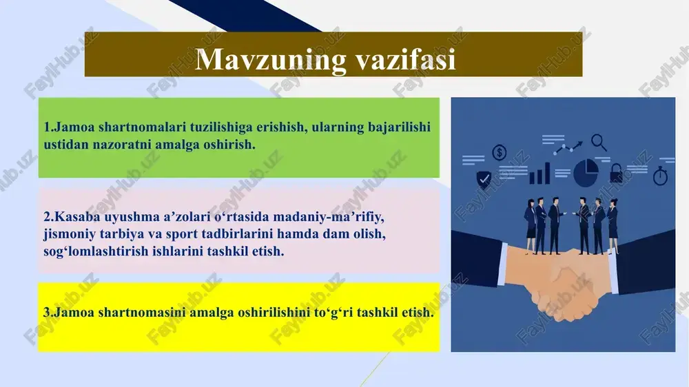 oragida xodimlarning huquqiy bilimlari ortadi 2. ijro mexanizmining sustligi jamoa shartnomasi ijrosini monitoring qilish tizimini joriy etish ishchi guruh a’zolari o‘quv yilining har oyida ijro tartibi mustahkamlanadi va nazorat kuchayadi 3. xodimlar faolligi yetarli darajada emasligi jamoa shartnomasi bo‘yicha rag‘batlantiruvchi mexanizmlarni ishlab chiqish maktab rahbariyati, kasaba uyushmasi o‘quv yili davomida faollik oshadi, jamoa shartnomasiga ishonch kuchayadi chora-tadbirlar rejasi e’tiboringiz uchun rahmat image1.png image2.png image3.png image5.png image7.jpeg image8.png image9.jpeg image10.png image12.png image13.png image14.jpeg image15.jpeg image16.jpeg