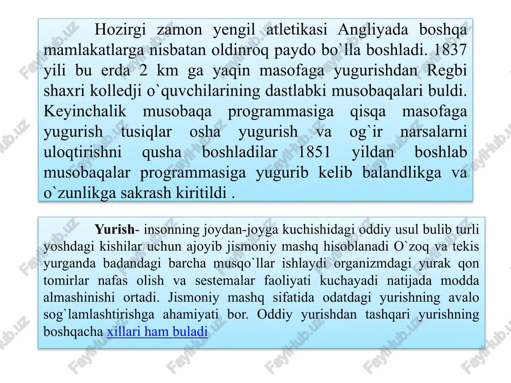 mkin. estafetali yugurish quproq maydon yo`lkalarida , ba`zan esa shahar ko`chalarida (aylanma va yuldo`zsimon estafetalar) o`tkaziladi. tabiiy sharoitda yugurish - bunda past-baland ochiq joylarda (kross) yugurilsa, 15 km va undan o`zok mosafalarga esa yullarda (shosseda, sukmok yullarda) yuguriladi. yengil atletikadagi eng o`zoq , ya`ni marofoncha masofa 42 km 195 m ga teng sakrash - tusiqlardan o`tishnig tabiiy usuli bulib, qisqa vaqt ichida asab-musqo`l kuchiga maksimal zur berish bilan harakterlidir. yengil atletik sakrash mashg`ulotlarida sportchilarning o`z tanalarini idora qila bilish, kuchlarni yig`a bilish qobiliyatlari takomillashadi, kuch , tezlik chaqqonlik, mardlik orta boradi. sakrash – oyoq tana musqo`llarini kuchaytirish va sakrovchanlikni xosil qilish uchun eng yaxshi mashqlardan biri bulib faqat yengil atletikachilarga emas, balki boshqa sport turlarining vakillariga ham, ayniqsa basketbolchilarga , voleybolchilarga va futbolchilarga zarurdir. yengil atletik sakrash ikki turga bo`linadi: 1) imkon boricha balandroq sakrash maqsadida vertikal tusiqlardan o`tish – balandlikka sakrash va langarchup bilan sakrash: 2) imkoni boricha o`zoqqa …