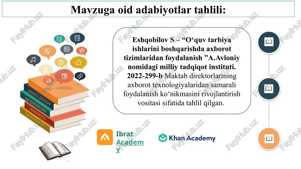 ademy) hindiston – diksha platformasi diksha — davlat tomonidan ishlab chiqilgan platforma bo‘lib, ko‘p tillarda darsliklar, video, testlar, interaktiv materiallar mavjud. maktabda o‘quvchilarni dars jarayonlarini mavzularni ham mustaqil o‘rganishlari uchun onlain darslar, video va test materiallarini tashlab borish uchun elektron platformalar tashkil etish kerak. (google drive) 8 xulosa: mavzuni o‘rganib shuni xulosa qildimki, maktab taʼlimida elektron taʼlim platformalari (google classroom, zoom, moodle, edupage, microsoft teams va boshqalar)dan foydalanish nafaqat o‘qitish jarayonini soddalashtirish, balki uni interaktiv, ochiq va natijador qilishga xizmat qilmoqda. ushbu platformalar orqali o‘quvchilar mustaqil ta’lim olish, topshiriqlarni onlayn bajarish, baholash natijalarini kuzatish imkoniga ega bo‘lmoqda. o‘qituvchilar esa o‘z metodikasini boyitib, darslarni qiziqarli va mazmunli tarzda olib borishlari mumkin. 9 twitter facebook pinterest instagram takliflar: maktabda o‘qituvchilarga doimiy tarzda elektron platformalardan foydalanish bo‘yicha seminarlar tashkil etish. o‘quvchilarga raqamli etikadan tortib, xavfsiz onlayn faoliyatgacha bo‘lgan yo‘nalishlarda treninglar o‘tkazish. o‘quv dasturlarini zamonaviy akt va media savodxonlik elementlari bilan boyitish. masalan dars …