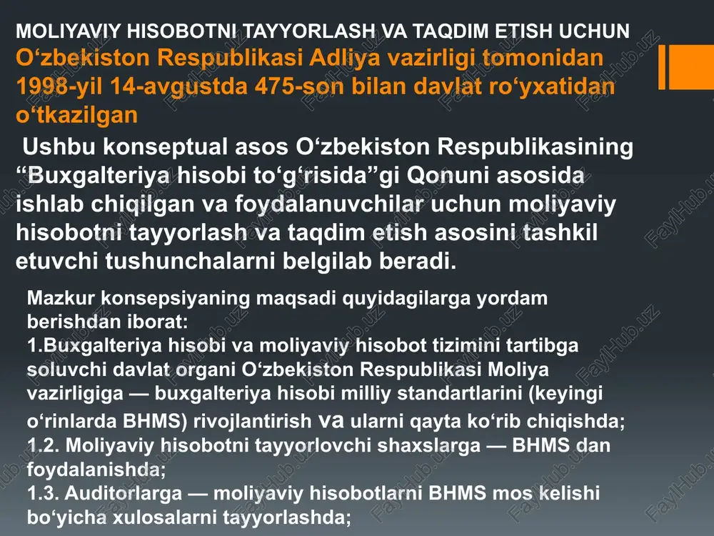 otlar korxonaga qarz beruvchilar, hozirgi paytdagi va potensial investorlar, shuningdek boshqa kreditorlarga hisobot beruvchi tashkilotga resurslarni taqdim etish to'g'risidagi qarorlarni qabul gilishda foydali va zaruriy bo'ladigan moliyaviy axborotni taqdim etish uchun zarur. moliyaviy hisobotlardagi axborotlar qanday sifat talablarga javob berishi kerak? qiyoslanuvchanlik tushunarlilik tekshiriluvchanlik o'z vagtida taqdim etish ishonchlilik o'rinlilik axborotni ishonchli taqdim etish deganda uning quyidagi sifatlarga egaligi tushuniladi: to'liqligi holisligi bexatoligi image2.png image3.png image4.png /docprops/thumbnail.jpeg