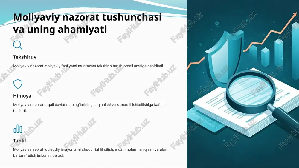 hi me'yoriy hujjatlar qonunlar auditorlik xizmatlari bozorini tartibga soluvchi asosiy qonunlar: "auditorlik faoliyati toʻgʻrisida"gi qonun, "buxgalteriya hisobi toʻgʻrisida"gi qonun va boshqalar. tartibga solish auditorlik xizmatlari sohasini tartibga solish oʻzbekiston respublikasi moliya vazirligi, auditorlar palatasi va boshqa tegishli davlat organlari tomonidan amalga oshiriladi. standartlar auditorlik xizmatlari sohasida milliy va xalqaro auditorlik standartlari qoʻllaniladi. bu standartlar auditorlar tomonidan bajarilishi majburiy hisoblangan. sifat nazorati auditorlik xizmatlarining sifati uzluksiz nazorat qilinadi, qoidabuzarliklar aniqlangan hollarda javobgarlik choralar koʻriladi. 13 auditorlik xizmatlari bozorini rivojlantirishning asosiy yo'nalishlari kadrlar tayyorlash yuqori malakali va mahsuldor auditorlarni tayyorlash, ularni muntazam malakasini oshirib borish zarur. raqamli texnologiyalardan foydalanish auditorlik faoliyatining samaradorligini oshirish uchun zamonaviy raqamli vositalardan keng foydalanish talab etiladi. auditorlik xizmatlari bozorini tartibga solish auditorlik faoliyatining me'yoriy-huquqiy asoslarini takomillashtirish va standartlarini joriy etish dolzarb ahamiyat kasb etadi. 14 auditorlik tashkilotlarining ijtimoiy javobgarligi jamiyat uchun xizmatlar auditorlik tashkilotlari jamiyatga bepul maslahatlar, ta'lim seminarlari, moliyaviy xizmatlarni taklif etib, ularning manfaatlarini himoya qilish …