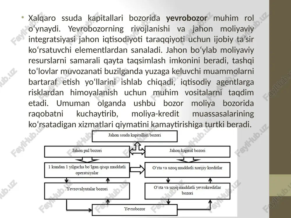 redit foiz stavkalari asosan libor (libor - qisqa muddatli (odatda 6 oylik) yevrovalyutalar (asosan aqsh dollari) bo‘yicha london banklararo mablag‘lar taklifi stavkasi)ga o‘zgarmas kattalikdagi foiz stavkasi (spred (spread) – bank xizmatlari uchun ustama)ni qo‘shish orqali aniqlanadi. yevrokreditlar bo‘yicha spred darajasi odatda ¾%dan 3%gacha bo‘lib, uning miqdori kreditga bo‘lgan talab va taklifning o‘zaro nisbatiga, kredit muddatiga, mijozning kredit bo‘yicha to‘lovga qobilligiga, kredit riskiga bog‘liq. umuman olganda, yevrokreditlar bo‘yicha foiz stavka bazaviy (asosiy (libor)) stavkaga spredni qo‘shish orqali aniqlanadi. yevrobozordagi depozitlarning foiz stavkasi london banklariaro qisqa muddatli depozitlarning foiz stavkasi libid (libid) orqali aniqlanadi. yevrobozordagi foiz stavkalari milliy bozorlardagi foiz stavkalariga nisbatan mustaqil bo‘lishlariga qaramasdan, ular bilan o‘zaro bir-biriga bog‘liq holda shakllanadi. shuningdek, xalqaro foiz stavkalari ham milliy foiz stavkalariga o‘z ta’sirini ko‘rsatishi mumkin, ya’ni ular o‘zaro bir-biriga aks ta’sirga ega. jahon ssuda kapitallari bozoridagi foiz stavkalar milliy foiz stavkalarni o‘zaro bir-biri bilan muvofiqligini ta’minlashga xizmat qiladi, ya’ni xalqaro foiz stavkalarining tebranish …