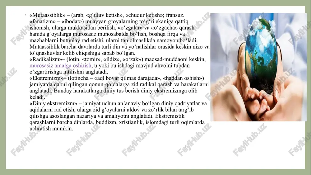 ilarning qatnashishi; – ekstremistik guruh a’zolarining boshqa davlatlar hududida tashkil etilgan maxsus lagerlarda tayyorgarlik ko‘rishi; – tayyorgarlik ko‘rish va qo‘poruvchilikni sodir etishda xorijiy davlatlar va ekstremistik uyushmalar yordamidan, xalqaro tus olgan noqonuniy qurol-yarog‘ savdosi va narkobiznesdan keladigan moliyaviy manbalardan foydalanilishi uning xalqaro terrorchilik xuruji ekanini ko‘rsatuvchi asosiy belgilardan hisoblanadi. muayyan mamlakat hududida sodir etilgan terrorchilik xurujida qayd etilgan u yoki bu belgilarning bo‘lishi, unga xalqaro maqom berilishi va shundan kelib chiqib, unga mos choralar ko‘rilishiga olib keladi. demak, diniy ekstremizm kelib chiqishining birinchi va asosiy sababi mutaassib, radikal fikr va aqidaparast qarashlarning paydo bo‘lishi bilan amalga oshadi.mutaassiblik, aqidaparastlik orqali diniy ekstremizm kelib chiqsa, ekstremizm orqali terrorizmga zamin tayyorlanadi. aslida, islom niqobi ostida paydo bo‘lgan ekstremistik harakatlar tarixiga e’tibor beradigan bo‘lsak, ularning ildizlari uzoq moziyga borib taqalishini ko‘rish mumkin. hazrati ali (r.a.) davrida paydo bo‘lgan, o‘zlarini haqiqiy musulmon, saflariga qo‘shilmaganlarni “dindan qaytgan” deb e’lon qilib, ularga qarshi murosasiz kurash olib borgan …
