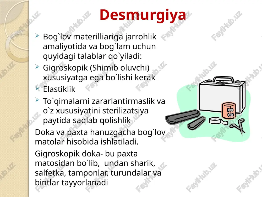 shlatish bog`lov manipulyatsiyasini qiyinlashtiradi bog`lamlar qoy`ish qoidasi bintni shunday ushlash kerakki, qo`lingiz bilan erkin (dum tomoni) bint orasida tog`ri burchak hosil bo`lishi kerak, qo`limizdagi bint boshchasiga nisbatan. bog`lamlar qo`yish qoidasi bog`lovni qo`yishni boshlashda har doim ingichka joydan enli joyda o`tish kerak. bu bog`lov matosini o`rnashib turishi va bog`lovni keyingi turini (aylanmasini)undan oldingi turni yarmini bekitib ketishi kerak. bog`lamlar qo`yish qoidasi bog`lov qoy`ish oddiy tur harakat bilan boshlanib, aylanma tur harakati bilan boshlanib bintning bitta uch tomoni ustidan ikkinchi aylanma tur kelishi kerak. bintni qayirib uch tomonini bukib, bintni mahkamlab bu jarayonni bintni aylanma harakati bilan tugatish kerak. 26 bog`lamlar qo`yish qoidasi bog`lov qo`yish paytida har doim bog`lovni tayinlash va bint aylanmani qo`yish miqdori bog`lovning vazifasini belgilab beradi. keradigan ortiqcha ishlatilgan bint va iqtisodiy maqsadga muvofiq emas va bemorga birqancha noqulaylik yaratadi va estetik jihatdan xunuk ko`rinadi. bog`lamlar qo`yish qoidasi har bir bog`lovni tugatishdan oldin uning uchi mahkamlanish kerak. buni amalaga …