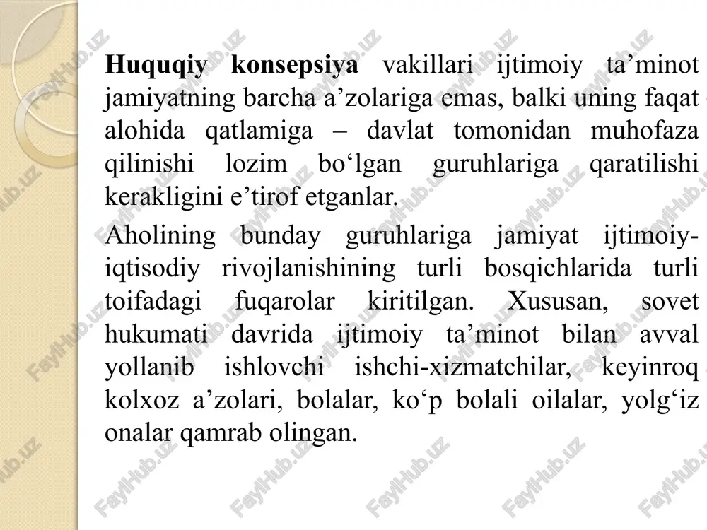 espublikasi qonuni bo‘yicha davlat pensiyasi olish huquqiga ega bo‘lmagan shaxsning qaramog‘ida bo‘lgan oilaning mehnatga layoqatli bo‘lmagan a’zolariga boquvchisini yo‘qotganlik nafaqasi tayinlanadi vaqtincha mehnatga qobiliyatsizlik nafaqasi vaqtincha mehnat qobiliyatini yo‘qotish bilan bog‘liq kasallikda (shikastlanishda); sanatoriy-kurortlarda davolanganda; kasallangan oila a’zosini parvarishlash zarur bo‘lganda; karantinda; sil yoki kasb kasalligi tufayli vaqtincha boshqa ishga o‘tkazilganda; mehnat qobiliyatini tiklash yoki yasama a’zo (protez) qo‘ydirish uchun reabilitatsiya muassasalariga yotqizilganda. homiladorlik va tug‘ish bo‘yicha nafaqa homiladorlik va tuqqandan keyingi davrlar ta’tili sifatida ayollarga tuqquniga qadar 70 kalendar kun va tuqqanidan keyin 56 kalendar kun (tug‘ish qiyin kechgan yoki ikki va undan ortiq bola tug‘ilgan hollarda – 70 kalendar kun) ta’til beriladi. bu nafaqani tayinlash va to‘lash uchun mehnatga layoqatsizlik varaqasi asos bo‘ladi hamda ushbu nafaqa ko‘rsatilgan barcha davr uchun to‘lanadi bola tug‘ilganda beriladigan nafaqa bola tug‘ilganda beriladigan bir martalik nafaqa o‘zbekiston respublikasi hududida belgilangan eng kam oylik ish haqining ikki baravari miqdorida beriladi. ish haqiga koeffitsient qo‘llaniladigan …
