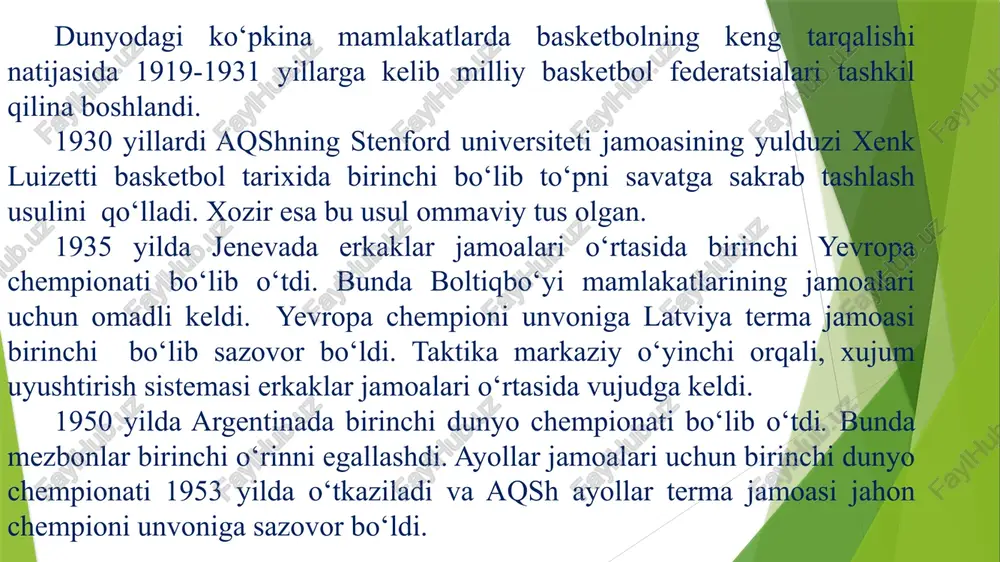 n ijro etiladi. jamoaning o‘yinchilari jarima maydonida bir xil turib to‘pni xalqaga tegishini kutishlari kerak. to‘p xalqaga tegmasa (eyr bol – airball), ximoyalanyotgan jamoa to‘pni o‘yinga autdan kiritadi. basketbolchiga jaroxat keltirishi mumkin bo‘lgan xarakat qasddan qilinsa, sportga xos bo‘lmagan, yoki diskvalifikatsiya foli bilan jazolangan raqib jamoaga 2 jarima to‘pini tashlash ruxsat etiladi va jarima to‘pini tashlagan jamoaga xujum qilish xuquqi beriladi. e'tiboringiz uchun raxmat! image1.png image2.png image3.png image4.png image5.png image6.jpeg /docprops/thumbnail.jpeg