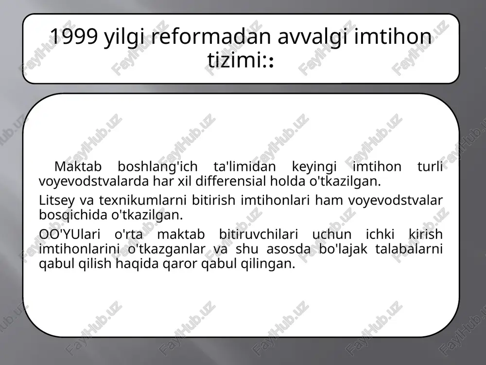 araja (bizdagi fan nomzodiga to'g'ri keladi). doktor xabilitovan - doktorlik darajasiga ega bo'lgan, fanga ulkan hissa qo'shgan va yana bir ilmiy ishni himoya qilgan shaxsga beriladigan ilmiy daraja.(bizdagi fan doktoriga to'g'ri keladi). xizmat pog'onalari bo'yicha o'sishning barcha bosqichlarida berilgan muddatlarga amal qilinishi, bu muddatda kerakli hujjatlar tayyorlanishi va topshirilishi lozim. staj paytida o'qituvchi maktab direktori tasdiqlagan shaxsiy reja asosida ishlaydi. barcha ish natijalarini hisobotda yozib boradi, keyinchalik direktorga va imtihon komissiyasiga taqdim etadi. xizmat pog'onalari bo'yicha o'sishi o'qituvchining tegishli maqomga ega bo'lishi va oylik maoshining oshishi bilan bog'liq. o'qituvchini ishga qabul qilish va kasb imtiyozlariga ega bo'lish ko'p jihatdan uning maqomiga bog'liq. ta'lim tizimidagi ba'zi muammolar va yutuqlar kichik qishloq maktablarini moliyalashtirish muammosi: bir sinfda 25 o'quvchi bo'lsagina maqsadli dotatsiya beriladi. maqsadli dotatsiya bo'lmasa gminlar o'z shaxsiy byudjetlaridan xarajatlarni qoplaydilar shu bois kichik qishloq maktablari yopiladi. boshlang'ich ta'limning 1-3-sinflarida baholash tizimi mavhum. umumpolyak imtihonlarining kiritilishi alohida regionlardagi o'qitish darajalarini taqqoslash …