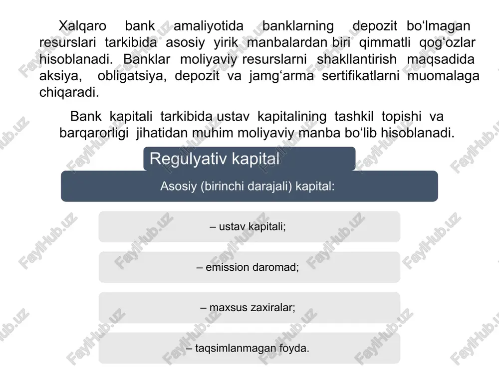 ar past likvidli aktivlar – bevosita pul ko‘rinishidagi mablag‘lar bo‘lib, ushbu aktivlar istalgan paytda bank maburiyatini bajarishga yo‘naltirilishi mumkin; – qisqa muddatli kreditlar va ikkilamchi bozorga ega bo‘lmagan qimmatli qog‘ozlar; – o‘rta va uzoq muddatli kreditlar, ikkilamchi bozorga ega bo‘lmagan qimmatli qog‘ozlar, pay ulushlari va boshqalar; – bankning asosiy vositalariga yo‘naltirilgan mablag‘lar kiradi. bank aktivlari likvidlilik nuqtai nazaridan quyidagilarga bo‘linadi: tijorat banklarining noa’nanaviy operatsiyalari faktoring kredit – ijara (lizing) kontokorrent (overdraft) forfeyting trast faktoring operatsiyalarida banklar tovar sotib oluvchining qarz hujjatlarini sotib oladi, unda asosan uchta tomon ishtirok etadi. birinchisi, faktor – vositachi, bankning faktoring operatsiyalarini bajaruvchi bo‘limi. odatda, rivojlangan mamlakatlar tajribasida faktoring operatsiyalarini amalga oshirishga ixtisoslashgan faktoring kompaniyalari tashkil etish amaliyoti ham mavjud. ikkinchisi, mijoz (tovar sotuvchi yoki xizmat ko‘rsatuvchi), faktor – vositachi bilan kontrakt tuzuvchi sanoat yoki savdo firmasi. uchinchisi, tovar sotib oluvchi. iqtisodiyotda faktoring operatsiyalarni vujudga kelishining asosiy omillari sifatida quyidagilarni ta’kidlash mumkin: – sotib oluvchi korxona …