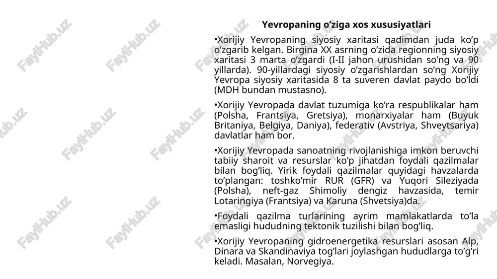 irlandiyadan ko’p, irlandlar yashaydi), buyuk britaniya, portugaliya, ispaniya, italiya va gretsiyada emmigratsiya juda ortib ketdi. emmigrantlar asosan aqsh, kanada, germaniya, frantsiyadan, avstraliya va lotin amerikasi mamlakatlariga ketmoqda. xorijiy yevropadagi asosiy emmigratsiya o’chog’i portugaliya, immigratsiya o’chog’i esa germaniyadir. xo’jaligi xorijiy yevropa sanoat va qishloq xo’jalik mahsulotlari miqdori (32,5%) va hajmi, oltin va valyuta zaxiralari, xizmat ko’rsatish va xalqaro turizmning rivojlanganligi jihatidan jahon xo’jaligida 1-o’rinda turadi. xorijiy yevropaning iqtisodiy qudratini “ettilik” ka kiruvchi 4 tasi, ularning ichida esa germaniya belgilaydi. boshqa mamlakatlardan ispaniya, gollandiya, shveytsariya, belgiya va shvetsiya ham katta iqtisodiy mavqega ega, lekin ularning iqtisodiyoti “ettilik” ka kiruvchilardan dunyoda tan olingan ayrim tarmoqlarga ixtisoslashganligi bilan ajralib turadi. xorijiy yevropa iqtisodiyotida sharqiy yevropa davlatlari alohida ajralib turadi. ularda iqtisodiyotni sobiq sotsialistik tizimdagi markazdan planlashtirishdan, bozor iqtisodiyoti tamoillariga asoslangan tizimga o’tilmoqda. xorijiy yevropa sanoatidagi etakchi tarmoqlar quyidagilar: mashinasozlik. xorijiy yevropa - mashinasozlik vatanidir. region jami sanoat mahsulotining 1/3 qismi va eksportining 2/3 qismi …