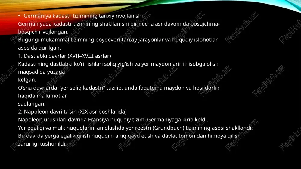 tri bilan hamkorlik kadastr (liegenschaftskataster) ma’lumotlari yer reestri (grundbuch) uchun asosiy manba hisoblanadi. shunday qilib, yerning geometrik va tavsifiy ma’lumotlari kadastrdan, huquqiy ma’lumotlari esa yer reestridan olinadi. 5. moliyaviy va texnik jihatlar kadastr ishlari davlat mablag‘lari hisobidan yuritiladi, lekin ayrim xizmatlar uchun (masalan, rasmiy hujjat nusxasini olish) to‘lov olinadi. . xulosa (germaniya va oʻzbekiston kadastr tizimlari solishtiruv asosida) yer kadastri har ikki davlatda ham mulk huquqlarini himoya qilish, yer resurslarini hisobga olish va ulardan samarali foydalanishni ta’minlash uchun muhim ahamiyatga ega. ammo germaniya va oʻzbekiston tajribasida ayrim farqlar mavjud: o‘xshash jihatlar har ikki davlatda kadastr davlat nazoratida yuritiladi. yer uchastkalari geodeziya va kartografiya ishlari asosida qayd etiladi. ma’lumotlar yer bozorini rivojlantirish, soliqqa tortish va shaharsozlikda ishlatiladi. farqli jihatlar . germaniya: kadastr va yer reestri ikki mustaqil, lekin integratsiyalashgan tizim sifatida yuritiladi. alkis orqali to‘liq elektronlashtirilgan va yagona standartlarda ishlaydi. ma’lumotlar huquqiy kuchga ega bo‘lib, sud va davlat organlari tomonidan to‘liq …