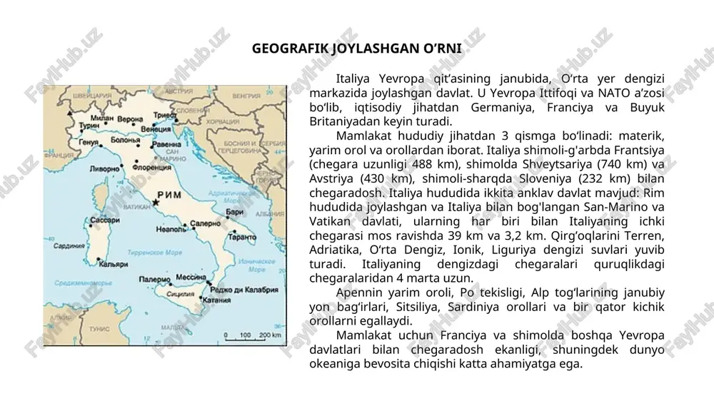 doiralariga katta ta‘sirga ega. mamlakatning shimoliy qismida boshqa millatlar istiqomat qiladi: – avstriyaliklar – 279 ming kishi; – frantsuzlar – 78 ming kishi; – xorvatlar – 5 ming kishi. albanlar va greklar janubiy qismida va sitsiliyada joylashgan. zichligi boʻyicha inderlandiya, belgiya, buyuk britaniya, germaniya kabidir. 60% ortiq aholi shaxarda yashaydi. toʻrta millioner shaharlari rim, milan, neopal, turin ular atrofida aglameratsiya shakillanmoqda. aholi tarkibida sanoat va qurilishda - 44% qishloq xoʻjalik – 17% savdo va xizmatda 33, transportda 6% va hokazo. milliy boylikning asosiy qismi yirik burjuaziya va yer egalarda. 1,7 ming ishsizlar bor. italiya uchun doimiy emigratsiya xarakterli. emigrentlar oldinlari okean orti mamlakatlarga ketsalar etnik urbanizatsiyadan soʻng bozor mamlakatlarga germaniya, frantsiyaga mavsumiya va vaqtincha emingratsiya kuchaydi. tug’ilish 6,4, o’lim 11,2 va tabiiy ko’payish -4,8 ni tashkil qiladi. xoʻjaligi italiya iqtisodiyotiga aqsh, germaniya va shveycariya kapitalining ta’siri kuchli. xo’jaligining joylashuvidagi eng xarakterli xususiyati mamlakatning shimol va janub o’rtasidagi keskin hududiy tafovutning …