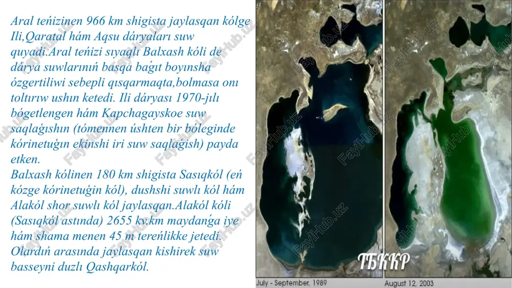 m oazisi hám ámiwdárya deltasında jaylasqan (jáne de qaranız: kóltanıwshılıq).klassifikaciyasına qaray, ózbekstan aymaǵında 2 tiptegi kóller jaylasqan: 1) taw kól, 2) tegislik kól kóllerdiń tawlı aymaqlarda kóbirek jaylasıwı klimatlıq hám morfologiyalıq-gidrografiyalıq ózgesheliklerge baylanıslı,sebebi tawlar dáryalardıń aģıp túsiwin qáliplestiriwshi igallıq akkumulyatorları sıpatında xızmet etedi. sonday-aq,olarda qolaylı geomorfologiyalıq hám geotektonikalıq sharayatlar da bar.taw kólden:ixvach,badak,shavarkól,urınǵash, kóksuw hám basqalar belgili.taw kól taza, dushshi hám júdá dushshi suwlardıń potenciallıq deregi bolip tabıladı.kóldiń ózbekstan aymaǵında tegis emes tarqalıwı, olardıń zıyanlanıwına tásir etiwshi tiykarģı tábiyiy faktorlardıń (klimat, relyef, geologiyalıq dúzilis hám aģıs) júdá hár qıylılıǵınan.tegislik aymaqlardaǵı úlken kól maydanları,kóp muģdarda agın dárya suwları qáliplesetuģın hám de ıǵallıraq tawlarga tutasqan tegislik klimatınıń qurǵaqlıǵı nátiyjesinde payda bolg`an. paydalang`an a`debiyatlar i.www.wikipediya.uz ii.www.arxib.uz iii.www.kibernika.uz iv.https//fayllar.org v.www.cartography.uz image1.png image2.png image3.png image4.png image5.png image6.png image7.png image8.png image9.png image10.png image11.png image12.png image13.png image14.png image15.png image16.png image17.png image18.png /docprops/thumbnail.jpeg