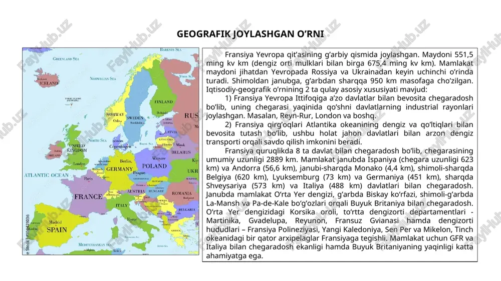 13 ta region, 96 ta department, 5 ta dengiz orti departamenti, 1 ta shahar (parij) metropoliyasi, 342 ta okrug va 35416 ta kommuna kiradi. departamentlarning nomlari hozir ham tarixiy viloyatlar nomi bilan yuritiladi. lotaringiya, elzas, bretan, normandiya va hokazo. mamlakatni president boshqaradi va u 7 yilga saylanadi. fransiya yadroviy davlat boʻlib, nato aʼzosi va bmt xavfsizlik kengashining besh doimiy aʼzosidan biri boʻlib, qaror qabul qilish boʻyicha norasmiy kvint guruhi aʼzosi hisoblanadi. 1950-yillardan boshlab u yevropa ittifoqini yaratishda ishtirok etgan davlatlardan biri hisoblanadi. 1945-1954 yillarda vetnamdagi mustamlaka urushlari natijasida fransiya hindixitoyni boy berdi. 1957-yilda mamlakat yeh a‘zosi boʻldi. dengiz orti hududlari nomi mintaqa maydoni km kv aholisi ma'muriy markaz statusi gvadelupa karib dengizi 1628 372939 bas-ter dengiz orti departamenti martinika karib dengizi 1128 350373 for-de-frans dengiz orti departamenti reyunon hind okeani 2512 868846 sen-deni dengiz orti departamenti frantsuz gvianasi janubiy amerika 91000 294436 kayenna dengiz orti departamenti mayotta hind okeani 374 …