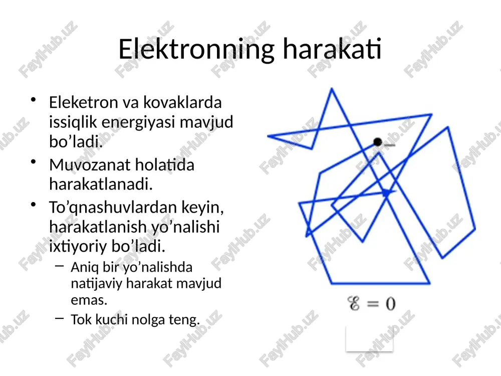 ada (phonon) sochilish kristalda tebranayotgan atomlar akustik to’lqinlarni hosil qiladi. akustik zarrachalar “phononlar” deb ataladi. ular energiyaga ega va to’lqin vektoriga ular zaryad tashuvchilarni socha oladi. fonon energiyasi juda kichik, asosan 0.1 ev dan kichik tebranishlar temperatura ortishi bilan ortadi. temperatura ortishi bilan fononlar hosil bo’lishi ham ortadi. to’qnashish ehtimolligi ortadi temperatura ortishi bilan harakatchanlik kamayadi. xulosalar zaryad tashuvchilar quydagilar tomonidan sochila oladi. ionlashgan kirishma atomlar fononlar (atomlar tebranishi) ikkalasi yuqori kirishma konsentratsiyasi harakatchanlikni kamaytiradi. yuqori temperatura harakatchanlikni kamaytiradi. sochilish harakatchanligi sochilish harakatchanligi zarrachaga maydon tomonidan kuch ta’sir etadi. shuningdek ikkala tarafni integrallasak bu yerda t0 – urilishdan oldingi vaqt shuningdek… harakatchanlik effektiv massaga bog’liq shuningdek sochilish vaqtiga ham sochilish vaqti urilishlar chastotasiga bog’liq(kirishmalar, fononlar) ikkala mexanizm ham mustaqil. xulosa harakatchanlik to’qnashishlar orasidagi vaqtga bog’liq ko’proq kirishma ko’proq to’qnashuv yuqori temperature ko’proq fonon bu esa ko’proq to’qnashuv degani ikkalasi bo’lsachi? zaryad tashuvchilar harakatchanligi biz ikkita sochilish mexanizmini ko’rdik ionda sochilish …