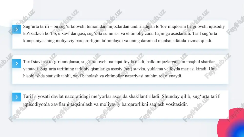 va statistika ma’lumotlari b) xodim ish soati c) bank kreditlari d) soliq stavkalari 4.tarif va qoplamalarni belgilashda nimani hisobga olish muhim? a) hududiy va moliyaviy xususiyatlar b) xodim ish vaqti c) soliq stavkasi d) kompaniya yillik hisobi 5.sug‘urta javobgarligi hajmini oshirishning bir yo‘li nima? a) polislarda standart shablon va ko‘rsatmalar yaratish b) kompaniyani yopish c) soliqni oshirish d) xodim ishini kamaytirish sug‘urta tarifi nima va u qaysi iqtisodiy jarayonni ifodalaydi? sug‘urta tarifining asosiy tarkibiy qismlarini sanab bering. sug‘urta tarifini belgilashda xavf darajasi qanday rol o‘ynaydi? sug‘urta tarifiga ta’sir etuvchi ichki omillar nimalardan iborat? sug‘urta tarifiga ta’sir etuvchi tashqi omillarni ayting. inflyatsiya sug‘urta tariflariga qanday ta’sir ko‘rsatadi? sug‘urta kompaniyasining moliyaviy barqarorligi tarif stavkasiga qanday bog‘liq? raqamli texnologiyalar sug‘urta tariflarini shakllantirishda qanday imkoniyat yaratadi? sug‘urta tariflarini hisoblashda statistik tahlilning ahamiyati nimada? sug‘urta tariflarini takomillashtirish orqali qanday iqtisodiy natijalarga erishish mumkin? noproduktiv test sug‘urta hodisasining ehtimolligi kompaniyaning moliyaviy barqarorligini oshiradi. (ha/yoq) kutilayotgan sug‘urta …
