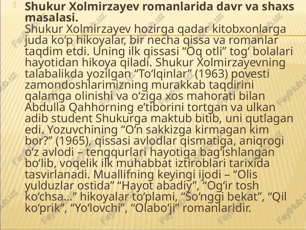 hukur xolmirzaevning o‘zi hayotni teran anglagan, insoniyat ruhiyatidagi o‘zgarishni seza oladigan inson edi. shuning uchun ham u asarlarida tabiat qonuniyatlari asosida ish ko‘radi, bu tabiiylik hyech qachon buzilmasligi kerakligi, buzilgan taqdirda katta falokatlar, fojialar keltirib chiqarishi mumkinligi haqidagi xulosalar chiqaradi. asosiy adabiyotlar vohidov r., eshonqulov h. o’zbek mumtoz adabiyoti tarixi. -toshkent: yangi asr, 2006. mallaev n. o'zbek adabiyoti tarixi. – t.: o'qituvchi, 1974. o'zbek adabiyoti tarixi. 5 tomlik. 1-tom. – t.: fan, 1971. valixo`jayev b. mumtoz siymolar. 2-jild. - toshkent: a.qodiriy nomidagi xalq merosi, 2002. - b. 175. sirojiddinov sh. o'zbek mumtoz adabiyotining falsafiy sarchashmalari. – t.: yangi asr avlodi, 2011. o‘zbek mumtoz adabiyoti namunalari / majmua. (1-2–jildlar) tuzuvchi, izoh va sharhlar muallifi: n.rahmonov. – t.: fan, 2005, 2007. e’tiboringiz uchun rahmat!