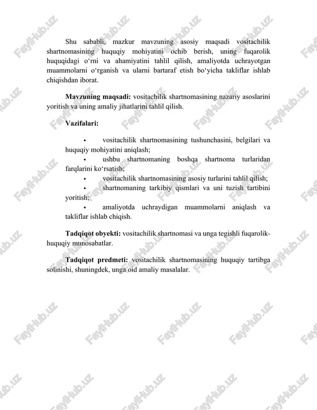 nishida tartibga soladi.[footnoteref:5] vositachilik shartnomasining asosiy belgilarini quyidagicha umumlashtirish mumkin: [5: o‘zbekiston respublikasi fuqarolik kodeksi: komissiya shartnomasi — 528–545-moddalar topshiriq shartnomasi — 546–551-moddalar agentlik shartnomasi — 552–557-moddalar] · ikki tomonlama va konsensual xarakterga ega: shartnoma tomonlarning roziligi bilan tuziladi; · pul mukofoti asosida tuziladi: vositachi xizmatlari bepul emas, u haq to‘lanadi; · faoliyat natijasi emas, harakati muhim: vositachining majburiyati bitimni amalga oshirish emas, balki uni tayyorlash yoki tuzishda harakat qilishdan iborat; · uchinchi shaxs ishtiroki mavjud: vositachilik faoliyati har doim uchinchi tomon bilan bitim tuzishni nazarda tutadi; · mustaqillik: vositachi buyurtmachining topshirig‘i asosida harakat qiladi, ammo ko‘p hollarda mustaqil ravishda qaror qabul qilishi mumkin. vositachilik shartnomasi ko‘plab huquqiy tizimlarda mavjud bo‘lib, xalqaro huquq amaliyotida ham keng qo‘llaniladi. uning zamonaviy iqtisodiy munosabatlardagi roli ayniqsa, tovar va xizmatlar bozori ishtirokchilarining soni ortgan sari ortib bormoqda. vositachilik shartnomasi fuqarolik-huquqiy munosabatlarning muhim va keng tarqalgan turlaridan biri hisoblanadi. u tijorat va xizmatlar sohasidagi subyektlar …