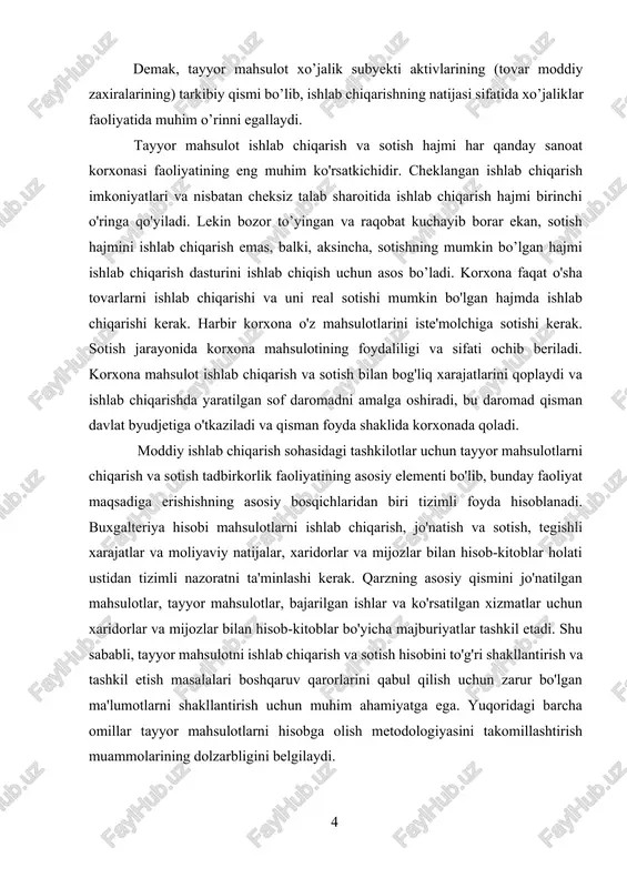 a shaklida korxonada qoladi. moddiy ishlab chiqarish sohasidagi tashkilotlar uchun tayyor mahsulotlarni chiqarish va sotish tadbirkorlik faoliyatining asosiy elementi bo'lib, bunday faoliyat maqsadiga erishishning asosiy bosqichlaridan biri tizimli foyda hisoblanadi. buxgalteriya hisobi mahsulotlarni ishlab chiqarish, jo'natish va sotish, tegishli xarajatlar va moliyaviy natijalar, xaridorlar va mijozlar bilan hisob-kitoblar holati ustidan tizimli nazoratni ta'minlashi kerak. qarzning asosiy qismini jo'natilgan mahsulotlar, tayyor mahsulotlar, bajarilgan ishlar va ko'rsatilgan xizmatlar uchun xaridorlar va mijozlar bilan hisob-kitoblar bo'yicha majburiyatlar tashkil etadi. shu sababli, tayyor mahsulotni ishlab chiqarish va sotish hisobini to'g'ri shakllantirish va tashkil etish masalalari boshqaruv qarorlarini qabul qilish uchun zarur bo'lgan ma'lumotlarni shakllantirish uchun muhim ahamiyatga ega. yuqoridagi barcha omillar tayyor mahsulotlarni hisobga olish metodologiyasini takomillashtirish muammolarining dolzarbligini belgilaydi. biroq, ushbu masalalar ishlab chiqarish korxonasi uchun muhimligiga qaramay, zamonaviy iqtisodiy adabiyotlarda ushbu muhim mavzuga yetarlicha e'tibor berilmagan, bu ushbu ish doirasida olib borilgan tadqiqotlarning qandaydir yangiligini ko'rsatadi. tayyor mahsulotlar iste'molchilarga ehtiyot qismlar yoki …