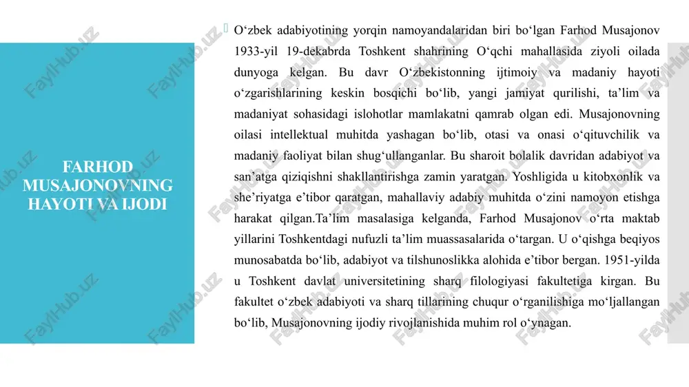 ustasi hikoyachilikdagi asosiy yo‘nalishlar: hayotiylik, mehnatsevarlik, insoniy qadriyatlar farhod musajonovning hikoyachiligi o‘zbek nasrining eng yorqin sahifalaridan biri bo‘lib, unda hayotiylik, mehnatsevarlik va insoniy qadriyatlar asosiy o‘rin tutadi. uning asarlari oddiy odamlarning kundalik hayotidan olingan voqealarga asoslangan, ammo bu voqealar orqali kengroq falsafiy masalalar ko‘tariladi. hayotiylik musajonov hikoyalarining asosiy xususiyati bo‘lib, unda real hayot elementlari – tabiat tasvirlari, oilaviy suhbatlar va ijtimoiy holatlar – tabiiy ravishda birlashgan. bu uslub o‘quvchini asarga yaqinlashtiradi, chunki u o‘z hayotidan parchalar topadi.mehnatsevarlik mavzusi musajonov ijodida doimiy o‘rin egallaydi. uning qahramonlari ko‘pincha oddiy mehnatkash odamlar bo‘lib, ularning kurashi va izlanishlari orqali muallif mehnatning insonni yuksaltiruvchi kuchini ko‘rsatadi. masalan, qishloq yoki shahar muhitidagi qahramonlarning kundalik mehnati orqali u jamiyatdagi ijtimoiy adolat va shaxsiy rivojlanishni ta’kidlaydi. bu yo‘nalish o‘zbek xalqining an’anaviy qadriyatlariga mos keladi, chunki mehnat nafaqat moddiy, balki ruhiy boylik manbai sifatida tasvirlanadi.insoniy qadriyatlar – do‘stlik, oila, poklik va mehr – musajonov hikoyalarining yuragi hisoblanadi. farhod musajonov …