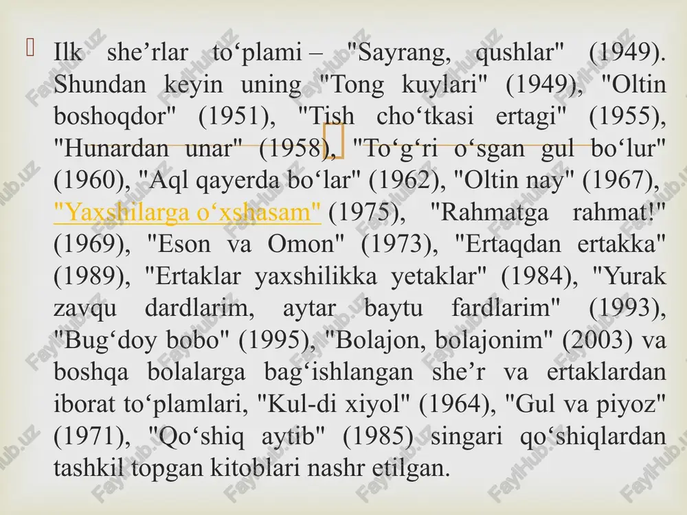 olalar adabiyoti bir daraxt bo'lsa, uning rang-barang janrlari turfa shoxlaridir. bir shoxida hikoya, bir shoxida she'r, boshqasida ertak, yana ba'zilarida p'esalar, doston, qo'shiq romanlar…” binobarin, po'lar mo'min ijodi ham xuddi shunday. u adabiyot janrlarininng rang-barang turlaridan unumli foydalangan birgina “oltmish olti oltin qo'l” turkumining o'zida she'riy vaznning o'n ikki xil formasini ishga sola oldi. muhimi, faqat mavzu va janrlar rang-barangligidagina emas, balki ana shu adabiyot forma va usul, uslublarini yagona maqsadga bolalarning g'oyaviy estetik takomiliga xizmat ettira bilashda edi.  po'lat mo'min izlanuvchi , mehnatsevar talent sohibi. bu hol undan yanada samarali, yuksak g'oyaviy-badiiy asarlar yozib, bolalar adabiyoti rivojiga samarali hissa qo'sha berishga ishonch bag'ishladi.  1. i. karimov – «yuksak ma'naviyat engilmas kuch» toshkent 2008 2. mamasoli jumaboev – «bolalar adabiyoti» toshkent o'qituvchi 1994 3. mamasoli jumaboev – «o'zbek va chet el bolalar adabiyoti» darslik toshkent 2002 4. www.kitob.uz https://uz.wikipedia.org/wiki/poʻlat_moʻmin adabiyotlar:  image3.png image4.jpeg image5.jpeg image6.jpeg /docprops/thumbnail.jpeg