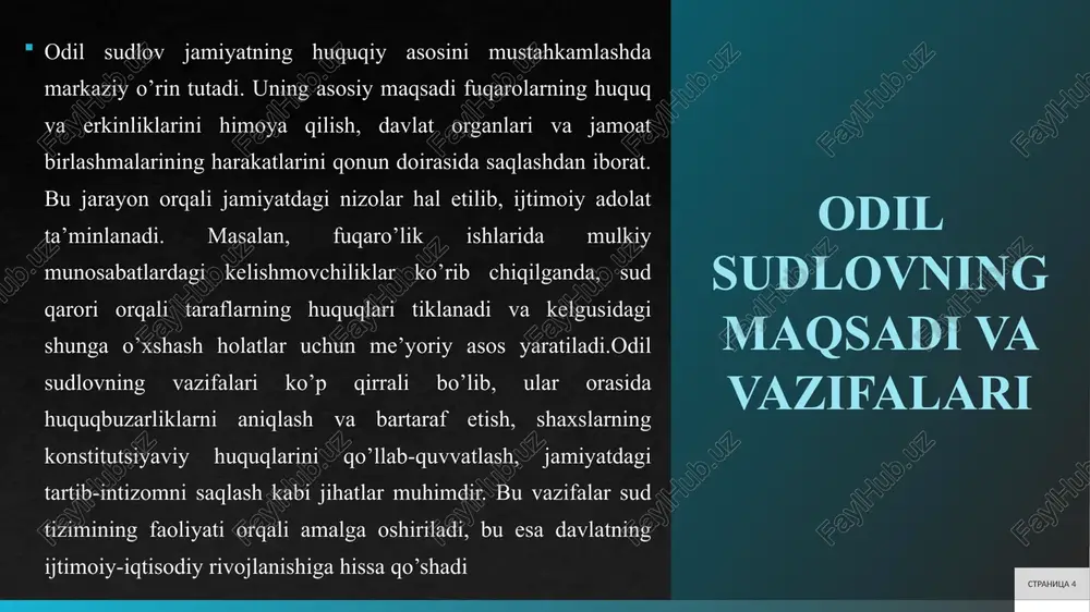 uror guvohlar chaqirib, dalillarni taqdim etadi.tergovchi dastlabki tergovni olib boradi va ish materiallarini sudga taqdim etadi. u jinoyat sodir etilganligini tekshiradi va dalillarni yig’adi. tergovchining ro’li sud jarayonining asosini tashkil etadi, chunki uning tergovi sud qaroriga ta’sir etadi. real misol sifatida, o’g’irlik ishida tergovchi guvohlar so’roq qiladi va dalillarni sudga yuboradi.advokatlar himoya tarafini ifodalaydi va ayblanuvchining huquqlarini himoya qiladi. ekspert, tarjimon va guvohlarning odil sudlovni ta’minlashdagi o’rni stranitsa 9 ekspert sud jarayonida texnik yoki ilmiy masalalarni tahlil qiladi. u dalillarni baholash va xulosalar chiqarish vazifasini bajaradi. ekspertning ro’li murakkab ishlarida muhimdir, chunki uning xulosasi sud qaroriga ta’sir etadi. masalan, tibbiy ishda ekspert jarohatni baholaydi.tarjimon sud jarayonida til to’sig’ini bartaraf etadi va bayonotlarni to’g’ri tarjima qiladi. u taraflarning huquqlarini himoya qilishda yordam beradi. tarjimonning ro’li ko’p tilli jamiyatda muhimdir. misol tariqasida, xalqaro ishda tarjimon guvohlar bayonotini tarjima qiladi.guvohlar sud jarayonida faktlarni tasdiqlaydi va dalillarni taqdim etadi. ularning bayonotlari sudning qarorini asoslaydi. …