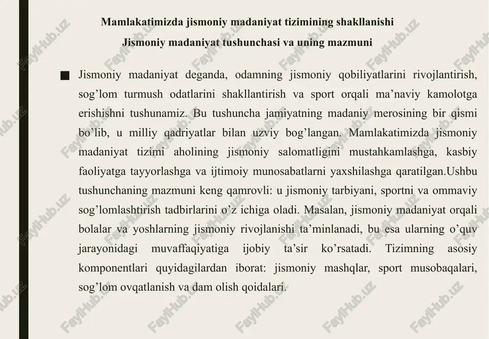 dasturlar murakkabroq, masalan, universitetlarda sport sektsiyalari. ular jismoniy rivojlanish bilan birga kasbiy tayyorgarlikni ta’minlaydi. kattalar uchun dasturlar sog’lom turmush tarziga qaratilgan, masalan, ertalabki mashqlar va yoga.keksalar uchun maxsus dasturlar mavjud, ular jismoniy faollikni saqlashga xizmat qiladi. masalan, park va mahallalarda guruhli yurishlar. nogironligi bo’lganlar uchun paralimpiya dasturlari ishlab chiqilgan.dasturlarning samarasi - aholining umumiy salomatligining yaxshilanishi. jismoniy madaniyat tizimining dasturiy me’yorlari o’zbekiston respublikasida jismoniy madaniyat tizimi mamlakatning ijtimoiy-ijtimoiy rivojlanishida muhim o’rin egallaydi. ushbu tizimning dasturiy me’yorlari aholining salomatligini mustahkamlash, yosh avlodni har tomonlama barkamol etib tarbiyalash va sportni ommaviy hayot tarzi sifatida keng joriy etishga qaratilgan. dasturiy me’yorlar davlat siyosatining asosiy yo’nalishlarini belgilab, jismoniy tarbiya va sport sohasini tartibga soladi. ular aholining jismoniy faolligini baholashdan tortib, ta’lim jarayonidagi o’quv dasturlarigacha va sport mutaxassislarining kasbiy darajasini oshirishgacha bo’lgan keng doirani qamrab oladi. quyida ushbu me’yorlarning asosiy tarkibiy qismlari batafsil ko’rib chiqiladi. davlat tomonidan belgilangan jismoniy tayyorgarlik me’yorlari davlat tomonidan belgilangan jismoniy tayyorgarlik …