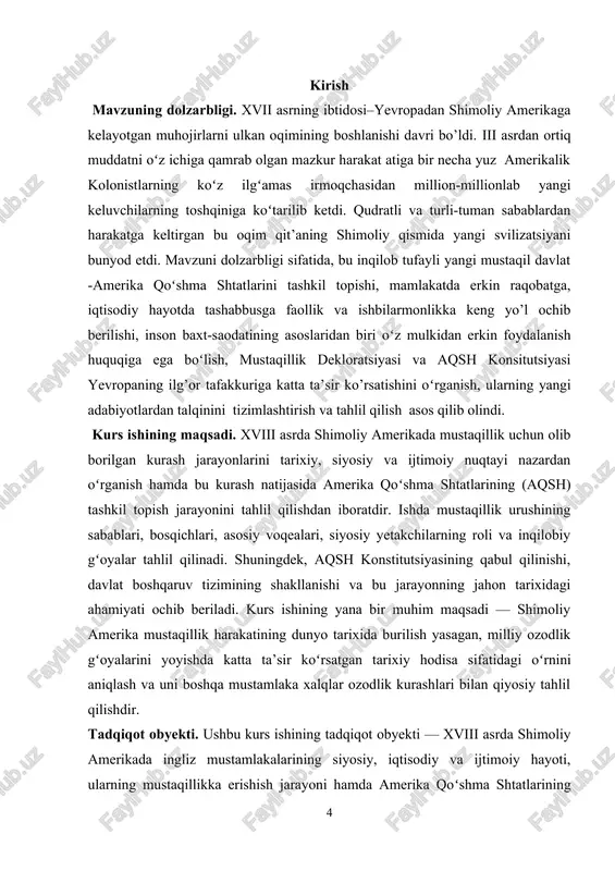 paniyaliklar, italyanlar va portugallar koloniyalar uzra yoyilgan edi. 1680-yildan soʻng angliya muhojirlarni yetkazib beruvchi asosiy manbaga aylana boshladi. minglab odamlar urush asoratidan qutulish niyatida kontinental yevropadan qocha boshladi. ularning ko’pi hukumat zugʻumi va boshqa joylarda yashovchi yer egalarining dastidan boshiga tushayotgan qashshoqlikdan qutulish uchun oʻz vatanlarini tark etdilar. 1690-yili amerika aholisi chorak millionga oshdi, shu paytdan boshlab, u, har 25 yilda ikki baravar ortib bordi va 1775-yilga kelib 2,5 milliondan oshdi. bironta oila massachusyetsdan virjiniyaga yoki janubiy karolinadan pensilvaniyaga koʻchib oʻtganlarida moslashuv jihatidan qiynalmaganlariga qaramay, alohida kaloniyalar oʻrtasidagi farqlar sezilarli boʻlib, kaloniyalarning mahalliy guruhlari orasida koʻzga tashlanardi. kaloniyalashtirish jarayoni rivojining barcha bosqichlarida asosiy xususiyat-angliya hukumati tomonidan nazorat kamligi boʻldi. barcha kaloniyalar, jorjiya bundan istisno, aksiya sohiblarining sherikchilik kompaniyalari yoki qirol tomonidan inom etilgan imtiyoz xartiyalari oqibatida yuzaga kelgan feodal mulkchilikdan bunyod etildi. qirol, yangi dunyo istiqomat jamoalari uzra oʻzining bevosita hukmronligini aksiya kompaniyalari va mulkdorlarga topshirgani, koʻchkinchi kolonistlar amerikada tashqi …