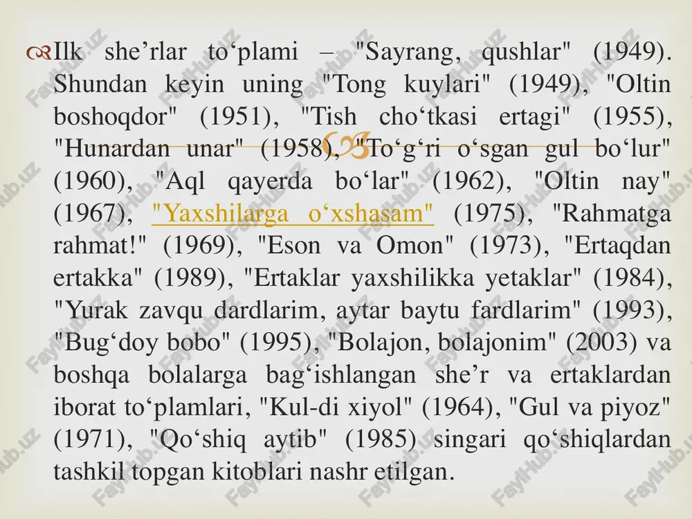 plamlari uning o'ziga xos ovozga ega talantli shoir ekanligidan dalolat beradi.  mazkur to'plamlaridagi she'r va qo'shiqlarida shoir zamonamizning baxtli bolalar hayotidan jonli lavhalar chizib ko'rsatadi. po'lat mo'min o'zining lirik she'rlari, dilrabo qo'shiqlari, ajoyib ertak va dostonlari, sahna asarlari bilan elga tanildi. u shu kunlarda ham serqirra ijodi bilan bolalar adabiyoti taraqqiyotiga o'z xissasini qo'shib kelmoqda. xususan, odob, axloq mavzui shoir ijodidan asosiy o'rin olgan. po'lat mo'minning ijodiy jixatdan tinmay o'sayotganligi g'oyat quvonchlidir.   po'lat mo'min ijodining fazilatlaridan yana biri shundaki, u o'lkamizning go'zal tabiatini, kichkintoy zamondoshlarimizning qaxramonona mehnat zafarlarini, ularning his-hayajonini, ichki olamini ishonarli vat a'sirli qilib ifodalashga ko'rinadi. po'lat mo'minning ijodi ham kattalar ham, bolalar uchun ham mos keladi, shuning uchun ham uning qiymati balanddir. po'lat mo'min bolalarning qo'shiqchi shoir sifatida o'z o'rniga, ovoziga ega.  aytish mumkinki, po'lat mo'min bolalarning qo'shiqchi shoiri sifatida o'z o'rniga, ovoziga ega aytish mumkinki, po'lat mo'min bolalarning qo'shiqchi shoiri sifatida o'z …
