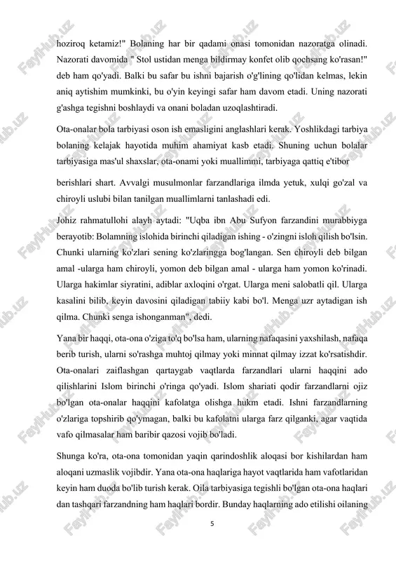ab vaqtlarda farzandlari ularni haqqini ado qilishlarini islom birinchi o'ringa qo'yadi. islom shariati qodir farzandlarni ojiz bo'lgan ota-onalar haqqini kafolatga olishga hukm etadi. ishni farzandlarning o'zlariga topshirib qo'ymagan, balki bu kafolatni ularga farz qilganki, agar vaqtida vafo qilmasalar ham baribir qazosi vojib bo'ladi. shunga ko'ra, ota-ona tomonidan yaqin qarindoshlik aloqasi bor kishilardan ham aloqani uzmaslik vojibdir. yana ota-ona haqlariga hayot vaqtlarida ham vafotlaridan keyin ham duoda bo'lib turish kerak. oila tarbiyasiga tegishli bo'lgan ota-ona haqlari dan tashqari farzandning ham haqlari bordir. bunday haqlarning ado etilishi oilaning havas qilarli darajada yetuk bo'lishini ta'minlaydi. farzandning haqlari quyidagilardir: -nikohning asl maqsadlaridan biri ham nasl-nasabini saqlashdir. busiz oila ham, jamiyat ham bo'lmaydi. farzandning ota-onasi nikohdan o'tgan, halol-pok yashagandagina nasabi aniq va pok bo'ladi. -islom bola haqida u hali dunyoga kelmasidan ancha oldin, oila qurishga tayyorgarlik ko'rilayotgan paytdan boshlab qayg'ura boshlaydi. "talxays" nomli kitobda oisha roziyallohu anhodan rivoyat qilinadi: "sizlar o'z nuftangizga munosib jufti halolini …