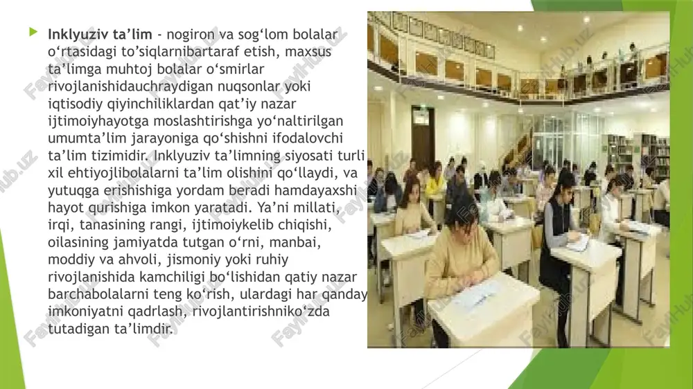 i. chunki sinfga yangi bola yokialohida ehtiyojli bola bo’lsa, sinfdagi o’quvchilar jamoasi o’qituvchi hatti-harakatlariga qarab o’sha o’quvchiga munosabat bildiradi. shu bois alohida ehtiyojlibolalarning oddiy sinflarda o’qitilishi o’qituvchiga yana bir ma’suliyat yuklaydi.o’qituvchining alohida ehtiyojli bolalarga bo’lgan samimiy munosabati sinfdagisog’lom bolalarga ham ijobiy ta’sirini o’tkazadi. o’quvchilarda nogiron bo’lgan munosabat shakllanadi ikkinchidan, nogiron bolalar ham sog‘lom tengdoshlari bilan yonma-yon o‘qish, tarbiyalanish huquqiga ega ekanligi kafolatlanadi.alohida ehtiyojli bolalar ham sog‘lom tengdoshlari bilan birgalikda o‘zqobiliyati darajasida faoliyat ko‘rsatish, ta’lim olishi, kasb-xunar o‘rganishi varivojlanishi mumkin. inklyuziv ta’lim maqsadga muvofiq tarzda tashkil etilsa,maxsus yordamga muhtoj bolalar ijtimoiy tomondan himoyalanadilar, ijtimoiyhayotda teng huquqliligini, o‘z tengdoshlari bilan birga bilim olishlarimumkinligini his etadilar ularda nogiron shaxslarni jamiyatda ajratmaslik,bunday insonlar hayotda o’z o’rnilarini topishlari uchun ko’mak berish kabi insoniyfazilatlar shakllantiriladi. inklyuziv ta’limga bo‘lgan ehtiyoj uning jamiyatga vamaxsus ehtiyojli bolalar uchun quyidagi nafli jihatlari mavjudligidan kelib chiqadi: - inklyuziv ta’lim maxsus ehtiyojli bolalarga doimo o‘z oilasi mahallasi vaqarindosh-urug‘lari davrasida bo‘lishga imkon beradi; …