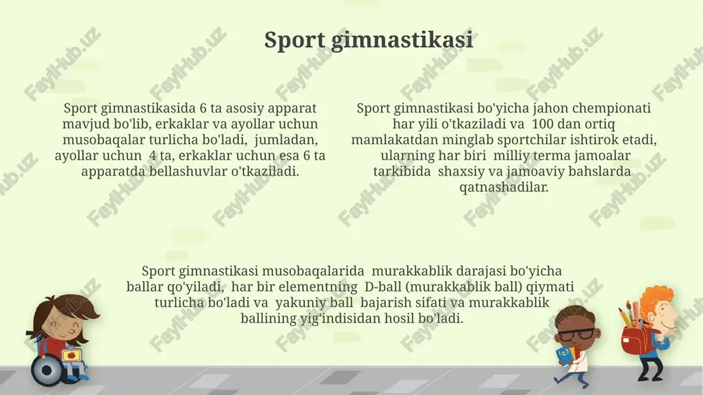 lari musobaqalarning adolatli va shaffof o'tkazilishini ta'minlash uchun 10 dan ortiq texnik mutaxassislar tomonidan ishlab chiqiladi. gimnastika bilan shug'ullanishning xavfsizligi jismoniy mashqlar intensivligini asta-sekin oshirish, haftada 2-3 martadan boshlab, keyinchalik mashgʻulotlar sonini va intensivligini koʻpaytirish organizmni ortiqcha yuklanishdan himoya qiladi. gimnastika bilan shugʻullanishdan oldin, 10-15 daqiqa davomida mushaklarni isitish juda muhim, bu jarohatlar xavfini 30% ga kamaytiradi va tana moslashuvchanligini oshiradi. mashgʻulotlar paytida toʻgʻri texnikaga rioya qilish, professional murabbiyning nazorati ostida mashq qilish mushaklarning shikastlanish xavfini sezilarli darajada pasaytiradi. gimnastikaning kelib chiqishi gimnastikaning ilk shakllari qadimgi yunoniston va rim imperiyalarida miloddan avvalgi 776-yildan boshlab, asosan harbiy tayyorgarlik va sport musobaqalari sifatida paydo bo'lgan. 19-asrda gimnastika sport turi sifatida rivojlana boshladi va birinchi rasmiy xalqaro musobaqalar 1880-yillarda o'tkazila boshlandi, shu bilan turli xil gimnastika turlari paydo bo'ldi. 18-asrda nemis gimnastikasi yo'nalishi paydo bo'lib, u friedrich ludwig jahn tomonidan ishlab chiqilgan bo'lib, jismoniy tarbiya va milliy g'urur tuyg'usini rivojlantirishga qaratilgan edi. e'tiboringiz …