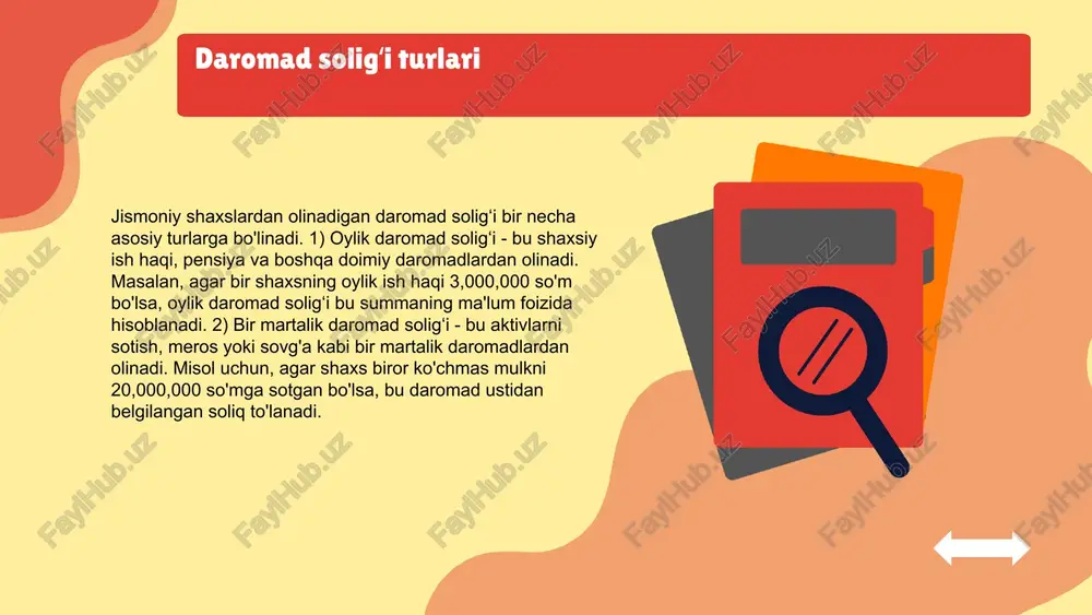 ikni oshirishga xizmat qiladi. ijtimoiy tenglik va adolat masalalari soliq imtiyozlari ijtimoiy tenglikni ta'minlashda muhim ahamiyatga ega. masalan, kam daromadli qatlamlarga beriladigan imtiyozlar, iqtisodiy adolatni oshiradi va ijtimoiy farovonlikni ta'minlaydi. bu imtiyozlar orqali kam ta'minlangan oilalarning hayot sharoitlari yaxshilanadi. misollar: soliq imtiyozlarining ijtimoiy qatlamlarga ta'siri masalan, kam daromadli oilalarga beriladigan soliq imtiyozlari ularning xarajatlarini kamaytiradi. shuningdek, ta'lim va sog'liqni saqlash sohalarida taqdim etiladigan imtiyozlar, ijtimoiy ko'rsatkichlarni yaxshilashda va ijtimoiy qatlamlar o'rtasidagi farqni kamaytirishda muhimdir. 1 2 4 xulosa daromad soligʻi tushunchasi davlat iqtisodiy va moliyaviy barqarorligini ta'minlashda muhim rol o'ynaydi. jismoniy shaxslardan olinadigan daromad soligʻi turli shakllarda mavjud bo'lib, har biri o'ziga xos xususiyatlarga ega. bu soliq iqtisodiy o'sishga, ijtimoiy adolatga va moliya barqarorligiga ijobiy ta'sir ko'rsatadi. soliq toʻlov jarayoni aniq va tushunarli qilib taqdim etilgan. shuningdek, soliq imtiyozlari iqtisodiy va ijtimoiy ta'sirlarni keltirib chiqaradi, bu esa adolat va tenglik masalalariga olib keladi. kelgusi qadam sifatida, davlat va jamoatchilik birgalikda …