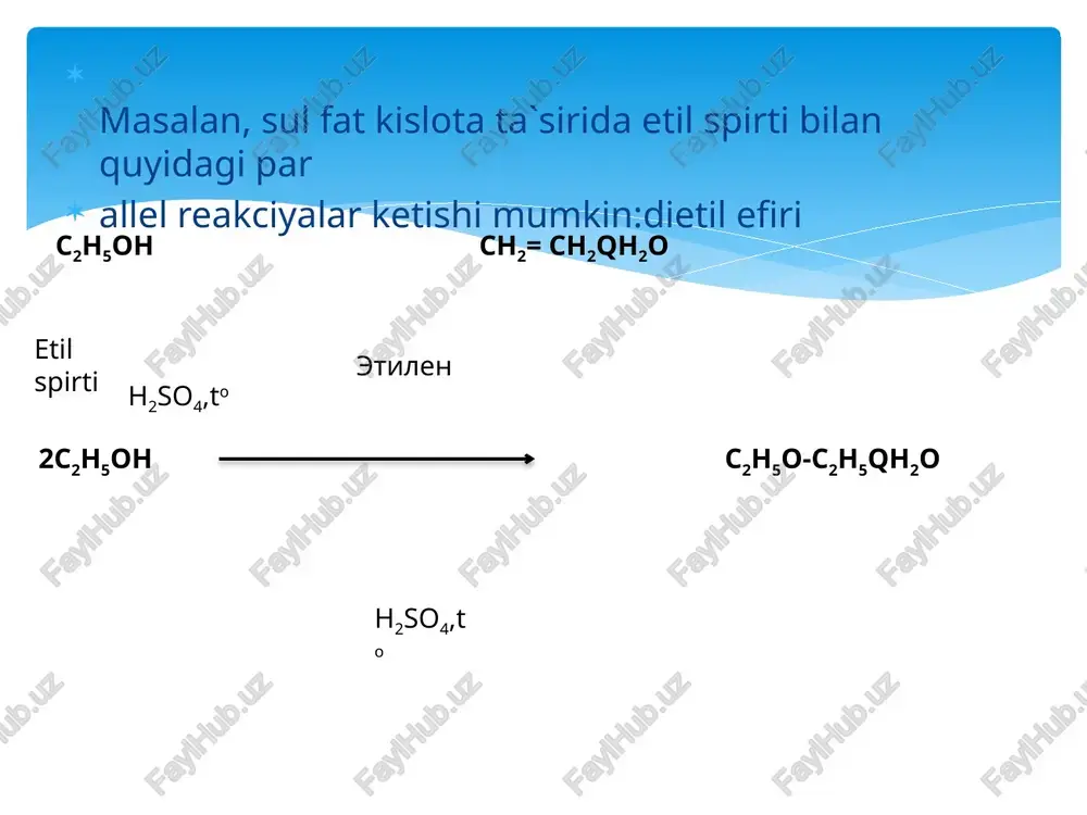 `zi kimyoviy xossalarini aytib berish mumkinligini amalda ko`rsatib berdi. modda molekulasidagi atomlar va atomlar gruppasi o`zaro bir-biriga ta`sir etadi. bizga molekulasi tarkibida bir xil gruppa bo`lgan, lekin turli xossalarga ega bo`lgan moddalar ma`lum. misol uchun, naoh, c2h5oh, no2oh, co2(oh)2 larda gidroksil gruppalar mavjud. shunga qaramay, ularning xossalari turlicha:naoh – kuchli asos, s2n5on – amalda neytral modda, no2oh va co2(oh)2 kuchli kislotalar hisolanadi. bunga sabab bu moddalar bilan bog`langan atomlar hamda atomlar gruppasining o`zaro ta`siridir. bir-biriga bevosita bog`lanmagan atomlar ham o`zaro ta`sir ko`rsatadi. misol uchun, xloretan ch3-ch2-cl bilan vinil xlorid ch2qch-cl da xlorning reakciyaga kirishish qobiliyati turlicha bo`lishligi xlor atomiga etil va vinil radikallarining turlicha ta`siri natijasidir. kimyoviy reaksiyalarda modda molekulasining tashkil etgan barcha atomlargina emas, balki ayrim atomlar yoki atomlar gruppasi ham ishtirok etadi. misol qilib etil spirti bilan natriy metalining o`zaro ta`sirini olish mumkin. bu reaksiyada gidroksil gruppasi (on) dagi vodorodning o`rnini na oladi, natijada vodorod ajralib chiqadi. reakciya …