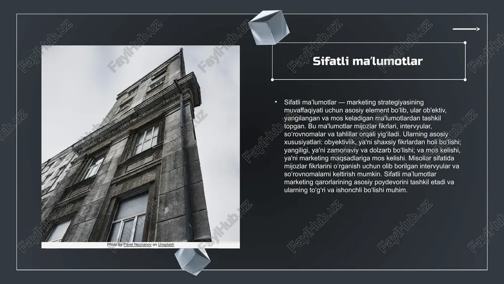 yordam beradi. raqobatchilarni tahlil qilish imkoniyatlari maʼlumotlar raqobatchilarning bozor ulushini, strategiyalarini va mijozlar bilan aloqalarini tahlil qilishda yordam beradi, bu raqobatbardosh ustunliklarni aniqlash imkonini yaratadi. marketing maʼlumotlarining kamchiliklari maʼlumotlarning ishonchliligi noto'g'ri yoki noaniq maʼlumotlar marketing qarorlariga salbiy taʼsir qilishi mumkin. toʻplash jarayonidagi muammolar texnologik, resurs va inson xatolari maʼlumotlarni toʻplashda muammolar tugʻdiradi. tahlil xatolari tahlil usullari va interpretatsiya xatolari noto'g'ri natijalarga olib kelishi mumkin. maʼlumotlarning eskirishi maʼlumotlar vaqt o'tishi bilan eskiradi, yangilash va texnik xizmat muhimdir. maʼlumotlar turlarining taqqoslanishi sifatli ma'lumotlar - sifat, tavsif va tajribaga asoslangan, aniq va tushunarli. misol: mijoz fikr-mulohazalari, intervyular. miqdoriy ma'lumotlar - sonli, statistik va o'lchovli. misol: savolnoma natijalari, sales statistikasi. sifatli va miqdoriy ma'lumotlar afzalliklari va kamchiliklari bor. strategiyaga mos tanlang, qachon foydalanish muhimligini biling. maʼlumotlardan foydalanishning strategik yoʻnalishlari ma'lumotlar asosida strategik rejalashtirish korxona yoki tashkilotning uzoq muddatli maqsadlariga erishishda muhim. bozor tendensiyalarini aniqlash, raqobatchilar faoliyatini o'rganish va mijoz ehtiyojlarini tushunish uchun marketing ma'lumotlari …