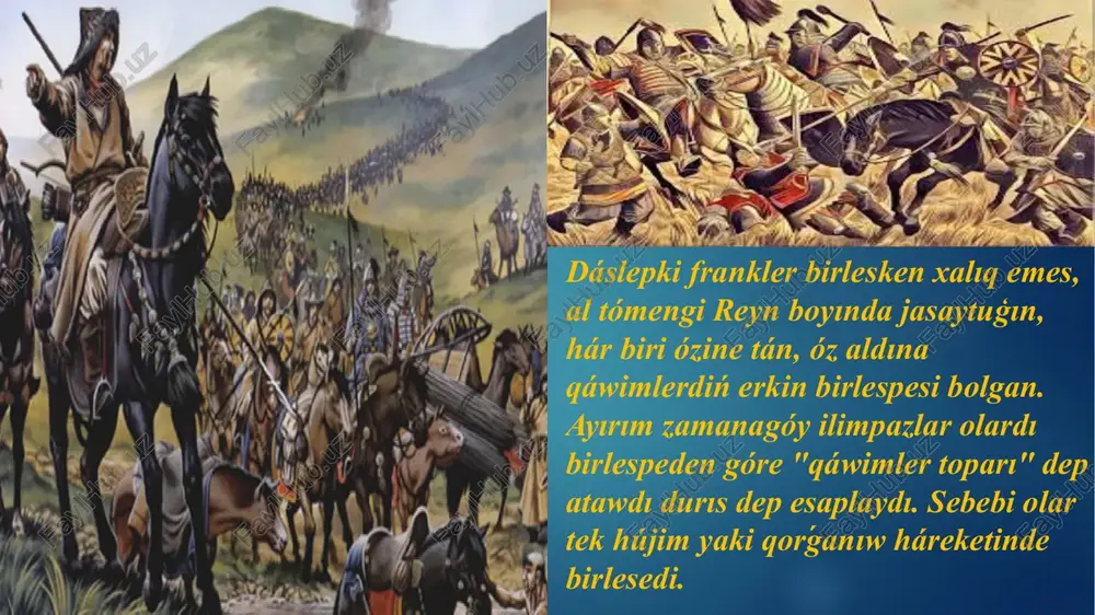 ul mámlekette jana nizamlar, aǵartıwshılıq hám mádeniyatqa tiykar salģanlıǵı ushın berilgen. karl haqqında kóplegen tariyxıy shigarmalar, ápsanalar, ráwiyatlar hám qosıqlar jaratılgan. onıń atınan "korol," yaǵnıy "korol" ataǵı kelip shiqqan. italiya hám ispaniya urısları. karl taxtqa ornalasıwı menen basqınshılıq urısların alıp bargan. onıń dáslepki áskeriy atlanıslarınan biri germanlardıń langobard qáwimi italiyada dúzgen mámleketine qarsı 773-jılı baslanadı. urısta jeńimpaz bolgan karl italiya jerlerin graflıqlarga berdi bólip frank korollıǵına qosıp aladı arab xalifalıģı basıp algan ispaniyaga qarsı 778-jilda karldin atlanısı nátiyjesiz tamamlanadı. karldıń jiyeni graf roland bul urısta qaytıs boladı. ásirler ótip roland francuz xalqı awızeki dóretiwshiliginiń súyikli qaharmanına aylanadı hám ol haqqında "roland haqqında qosıq" dástanı jazıladı jaratıladı. keyingi júrisler dawamında pireney yarım atawının arablardan tartıp alıngan aymaqlarında dúzilgen ispaniya markası frankler mámleketiniń shegara wálayatına aylandırıladı. sakslarga qarsı urıslar. reyn dáryasınıń oń jaģasında jasagan saks qáwimlerine qarsı urıslar 30 jildan artıq (772 - 804) dawam etedi. bul uris karl ushin birqansha quramalı …