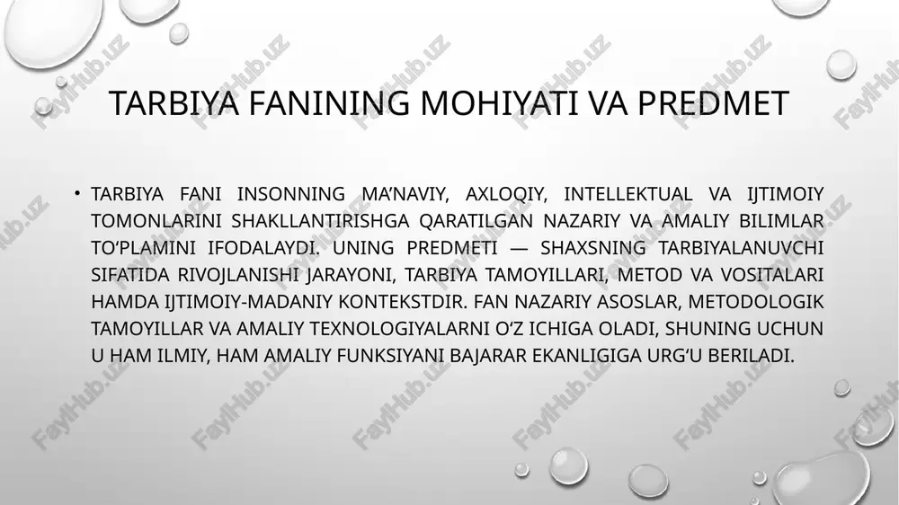 . pedagogika va tarbiya ko‘pincha metodologik jihatdan yaqin bo‘lsa-da, pedagogika ko‘proq o‘qitish va o‘qitish metodlariga e’tibor qaratadi, tarbiya esa tarbiyalanuvchining ijtimoiy-hulqiy xulqini shakllantirishga urg‘u beradi. sotsiologik tadqiqotlar tarbiya jarayonining makro ijtimoiy kontekstini ochib beradi, bu esa tarbiya strategiyalarini jamiyatga moslashtirish imkonini yaratadi. zamonaviy tendensiyalar va innovatsiyalar hozirgi davrda tarbiya fanida raqamli texnologiyalar, inkluziv ta’lim tamoyillari va madaniy xilma-xillikni hisobga olgan yondashuvlar keng tarqalmoqda. virtual o‘quv muhitlar, multimediya resurslar va masofaviy tarbiya vositalari tarbiyaviy jarayonni individualizatsiya qilish va resurslarga teng kirishni ta’minlash imkonini beradi. shuningdek, globalizatsiya va migratsiya sharoitida milliy-o‘quv qiymatlarni saqlash, madaniy identitetni mustahkamlash va plurilingvizmni qo‘llab-quvvatlash masalalari dolzarbdir. innovatsiyalar tarbiyaviy natijalarni baholash usullarini takomillashtirishga ham xizmat qilmoqda. amaliy qo‘llanilishi va misollar tarbiya fanining amaliy qo‘llanilishi maktab ta’limi, oilaviy tarbiya, qo‘shimcha ta’lim va madaniy-tarbiya loyihalarida yaqqol ko‘zga tashlanadi. masalan, maktabda axloqiy tarbiya modullari, muomala madaniyati darslari va ijtimoiy ko‘nikmalarni rivojlantiruvchi treninglar orqali tarbiyaviy natijalarni yaxshilash mumkin. jamoat tashkilotlari va davlat …