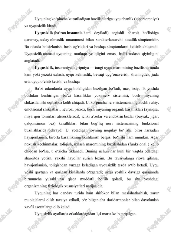 rish, uxlash paytida yoki uyqudan uyg‘onish paytida paydo bo‘ladigan istalmagan jismoniy hodisalar yoki hislar. parasomniyalar uyqu bilan bog‘liq harakatlar, xatti-harakatlar, his-tuyg‘ular, his-tuyg‘ular, tushlar va avtonom asab tizimining faoliyatini o‘z ichiga oladi. bu klinik kasalliklar, chunki ularning natijasi shikastlanish, uyquning buzilishi, sog‘liqqa kiruvchi ta'sir va salbiy psixofiziologik ta'sirdir. uyqu buzilishi va ularning tasnifi uyquning buzilishi inson hayotining barcha sohalariga va uning sog‘lig‘iga salbiy ta'sir qiladi . samarali terapiya uchun dissomnik sindromning sabablari va patogenezini aniq tushunish muhimdir. uyquning davomiyligi va sifatining buzilishi ko‘plab somatik va psixo-somatik kasalliklarning sababi bo‘lib, hayot sifatini pasaytiradi. eng aniq uyqu buzilishi kognitiv funktsiyalarning pasayishi (axborotni qayta ishlash jarayonining buzilishi, uzoq muddatli xotira, rejalashtirish, maqsadli faoliyat, faol faoliyat uchun motivatsiyaning pasayishi, neyrodejenerativ va qon tomir demanslarning shakllanishi va rivojlanishi va boshqalar), hissiy buzilishlar (anksiyete-depressiv spektrning namoyon bo‘lishi, asteniya), stressga chidamlilikning pasayishi. uyqu buzilishining tasnifi: uyqusizlik (uyqusizlik) a. presomnik kasalliklar (uyquni buzish) b. instrasomnik (tez-tez uyg‘onish, yuzaki uyqu) …
