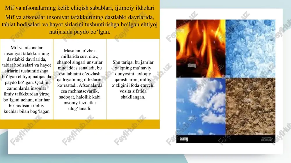mifologik timsollar hayot, poklik, yangilanish va o‘zgarish ramzlariga aylangan. bunday obrazlar asarga chuqur ma’no va badiiylik baxsh etadi. o‘zbek adabiyotidagi ko‘plab asarlarda xalq mifologiyasiga murojaat qilinishi adabiy tafakkurning ildizlarini mustahkamlaydi. shu bois mifologik obrazlarning ramziy talqini nafaqat estetik zavq, balki ma’naviy tarbiya vositasi sifatida ham muhim ahamiyat kasb etadi. mif va afsonalarning ma’naviy-tarbiyaviy ahamiyati va ularni o‘rganishning zamonaviy yondashuvlari mif va afsonalar yosh avlodning dunyoqarashini, milliy tafakkurini hamda axloqiy qadriyatlarini shakllantirishda muhim ahamiyat kasb etadi. ular orqali yoshlar ezgulik, jasorat, sadoqat, mehr-oqibat va halollik kabi insoniy fazilatlarni o‘rganadilar. har bir mifologik voqea yoki obraz hayotiy saboq, ibrat manbaidir. masalan, “go‘ro‘g‘li”, “alpomish” kabi afsonaviy qahramonlar jasorat, vatanparvarlik va sadoqat timsoli sifatida yoshlar ongiga ijobiy ta’sir ko‘rsatadi. shu bois mif va afsonalar yoshlarni ma’naviy yetuk, vataniga sodiq, milliy qadriyatlarga hurmat bilan qaraydigan insonlar qilib tarbiyalashda katta ahamiyatga ega. folklor asarlarini ta’lim jarayoniga tatbiq etish yo‘llari bugungi kunda xalq og‘zaki ijodi, xususan, mif …