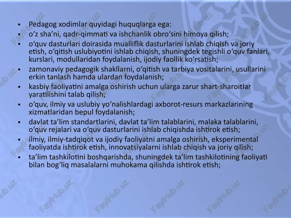 arilishini ta’minlashda ahamiyatli bo’lgan xususiyatlar pedagogik qobiliyatga xos ustuvor xususiyatlar quyidagilar sanaladi: pedagogik takt (pedagogning talabalar bilan turli faoliyat shakllari bo’yicha tashkil etiladigan muloqotda mavjud axloqiy tamoyillar, hulq-atvor qoidalarga rioya qilishi, ularga to’g’ri yondoshish malakalariga egaligi); pedagogik kuzatuvchanlik (pedagogning talabalarga xos bo’lgan hatto eng oddiy xususiyatlarni ham payqab olish qobiliyatiga egaligi); talabalarga bo’lgan muhabbat (ularga mehr qo’yish, mehribonlik ko’rsatish, ichki kechinmalari, his-tuyg’ulari, orzu-umidlari, hayotiy intilishlari bilan o’rtoqlashish, ular uchun qiyin bo’lgan vaziyatlarda g’amxo’rlik qilish); bilimlarni uzatishga bo’lgan ehtiyoj (pedagog sifatida o’zidagi mavjud bilimlarni talabalarga berishga intilish) f.n.gonobolin pedagog shaxsida quyidagi qobiliyatlarning namoyon bo’lishini muhim deb hisoblaydi: tashkilotchilik qobiliyati pedagogik takt o’z ishining natijalarini ko’ra olish va b. o’quvchini tushuna olish qobiliyati yosh, psixologik jihatdan barcha o’quvchilar o’zlashtira oladigan materiallarni taqdim eta olish qobiliyati o’quvchilarning qiziqishlarini rivojlantirish qobiliyati v.a.kruteskiy pedagogga xos qobiliyatlarni umumlashtirib, ularning turlari quyidagi ekanligini ko’rsatib o’tadi: didaktik qobiliyatlar – o’quv materiallarini aniq, ravshan, oson tushuntirish, talabalarda fanlarga qiziqishni …