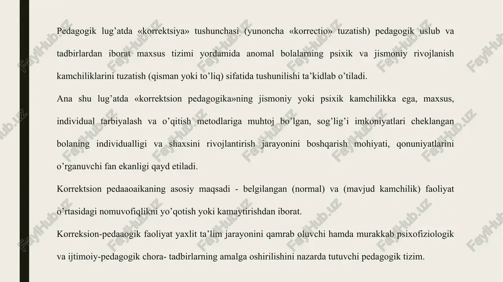 tamoyiliga binoan tekshirish davomida ular biladigan va bajara oladigan ishlarni emas, balki ularning o’qitishdagi imkoniyatlarini ham hisobga olish muhim ekanligini nazarda tutadi. l.s.vigotskiyning «yaqin rivojlanish zonasi» - bolalarning o’qishdagi mavjud imkoniyatlari haqidagi ta’limoti mazkur tamoyilning asosini tashkil qiladi. sifatiy-miqdoriy yondashuv tamovili bola bajargan topshiriqni baholashda yakuniy natijanigina emas, balki usuli masalani echish uchun tanlangan yo’lning ratsionalligi, harakatlarning mantiqiy ketma- ketligi, maqsadga erishishdagi qat’iylik va tirishqoqlikni ham hisobga olish zarurligini asoslaydi. ma’lum turdagi patologivali bolalarni boshqa bolalar guruhlaridan airatish tamovili har bir maxsus ta’lim muassasasi o’zi qoidalariga egaligini tavsiflaydi. image1.jpeg image2.png image3.png image4.jpeg image5.jpeg image6.jpeg image7.jpeg image8.png image9.jpeg image10.jpeg image11.png image12.jpeg image13.png image14.jpeg image15.png image16.jpeg image17.jpeg image18.jpeg image19.png /docprops/thumbnail.jpeg