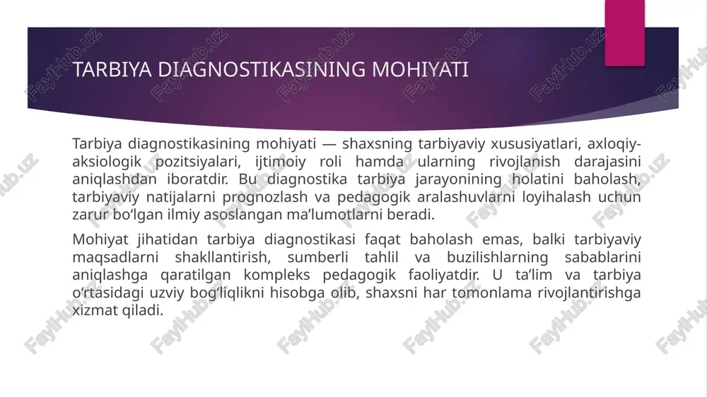 r. uchinchidan, axborot-kommunikatsiya texnologiyalaridan foydalanish orqali ma’lumot yig‘ish va tahlil jarayonlarini soddalashtirish hamda monitoringni avtomatlashtirish mumkin. amaliy misol va ilova amaliy misol sifatida maktabda axloqiy-axloqiy rivojlanishni diagnostika qilish ko‘rib chiqilsin: indikatorlar sifatida o‘quvchining xulqi, hamkasblarga munosabati, mas’uliyat hissi va ijtimoiy faolligi tanlanadi; ma’lumot yig‘ish uchun kuzatuv jurnali, o‘qituvchi suhbatlari, portfel va so‘rovnomalar birgalikda qo‘llanadi. bunday kombinatsiya shaxsning kontekstini va xatti-harakatlarini chuqurroq tushunishga yordam beradi. natijalar tahlili asosida shaxsga yo‘naltirilgan rivojlanish rejalari tuziladi: qisqa muddatli pedagogik koreksiyalar, ota-onalar bilan maslahatlar va uzoq muddatli treninglar tavsiya qilinadi. keyinchalik monitoring orqali amalga oshirilgan aralashuvlarning samaradorligi baholanadi va zarurat bo‘lsa dastur qayta ko‘rib chiqiladi. xulosa tarbiya diagnostikasi tarbiya jarayonining sifatini oshirish, tarbiyaviy maqsadlarni aniq belgilash va samarali pedagogik aralashuvlarni ishlab chiqish uchun zarur bo‘lgan kompleks va nazariy jihatdan asoslangan faoliyatdir. u nafaqat baholash, balki prognoz qilish, tartibga solish va koreksiya qilish funksiyalarini bajaradi hamda shaxs va jamiyat manfaatlarini uyg‘unlashtirishga xizmat qiladi. kelajakda tarbiya diagnostikasini …
