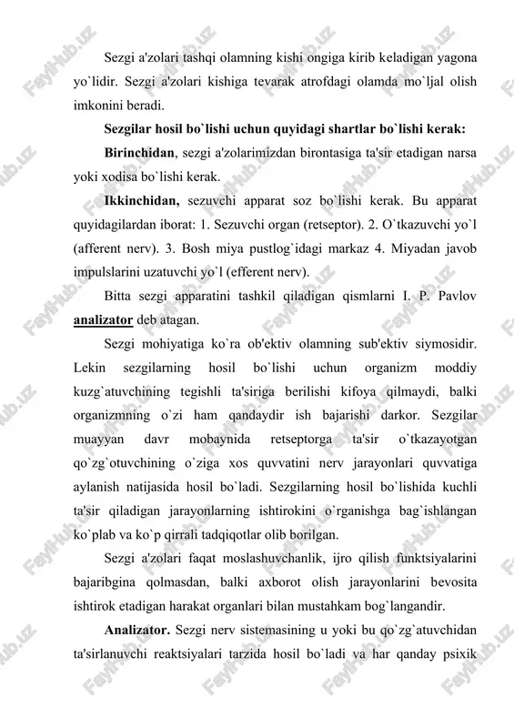 ishda ham xuddi shu jarayonni kuzatishimiz mumkin: nog`ora parda va miyadagi aks sado. sezgining hosil bo`lishi uchun hamma analizatorlar yaxlit bir narsa sifatida ishlashi darkor. qo`zg`atuvchining retseptorga ta'siri qo`zg`alishning yuz berishiga olib keladi. analizator nerv jarayonlarining yoxud reflektor yoyining butun yo`li manbai va eng muhim qismini tashkil etadi. reflektor yoyi retseptordan, ta'sirni miyaga olib boruvchi afferent nerv yo`llari va efferent nervlardan tarkib topgandir. reflektor yoyi elementlarining o`zaro munosabati murakkab organizmning tevarak atrofdagi olamda to`g`ri mo`ljal olishining, organizmning yashash sharoitlariga muvofiq tarzdagi faoliyatning negizini ta'minlaydi. sezgilarning tasniflanishi. aks etish xususiyatiga va retseptorlarning joylashgan o`rniga qarab sezgilar odatda uch guruhga ajratiladi: 1. tashqi muhitdan narsalar va xodisalarning xususiyatlarini aks ettiradigan hamda retseptorlari tananing yuzasida joylashgan ekstrotseptiv sezgilar; 2. tananing ichki a'zolarida va to`qimalarida joylashgan hamda ichki a'zolarining xolatini aks ettiradigan interotseptiv sezgilar; 3.retseptorlari mushaklarda va paylarda o`rnashgan propriotseptiv sezgilar; ular gavdamizning harakati va xolati haqida axborot berib turadi. harakatni sezadigan propriotseptiv sezgi …